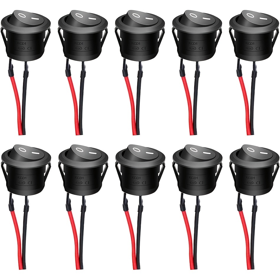 10pcs 12V Round Rocker Switch AC 6A 250V 10A 125V SPST 2 Pin 2 Position On Off Toggle Switch For Car RV Black Pre soldered Wire KCD1 X Y