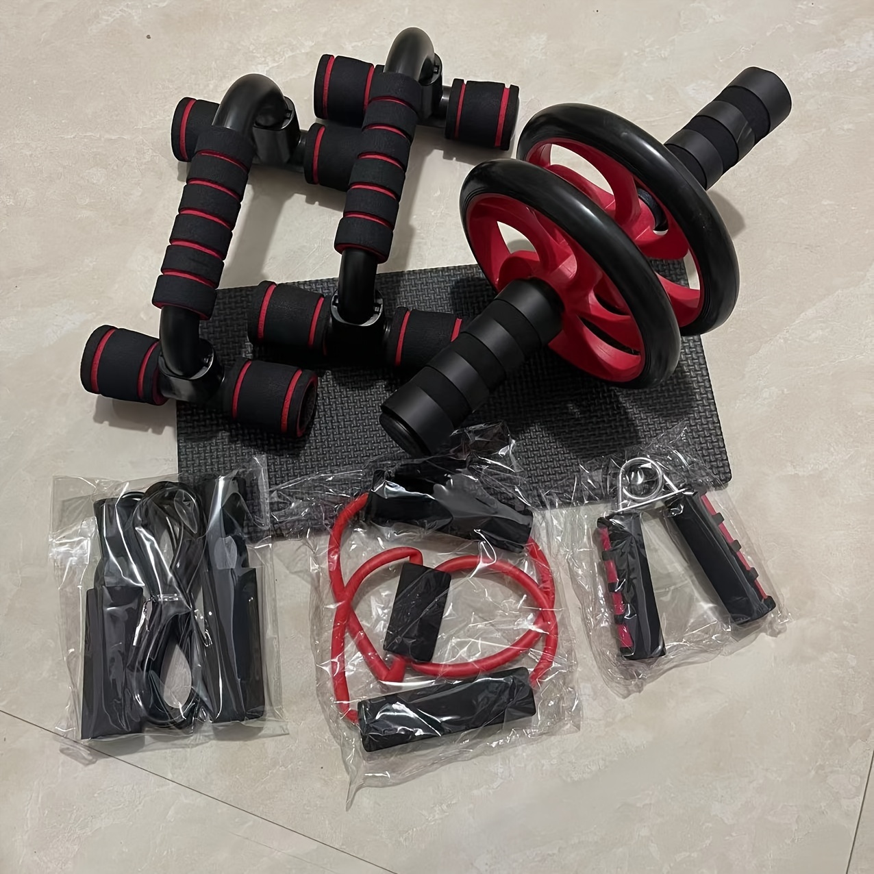 [1set Fitness Equipment] 1set Home & Gym Fitness Training Equipment Set | AB Roller Wheel, Push-up Stands, Jump Ropes, Tension Bands, Grip Stretchers