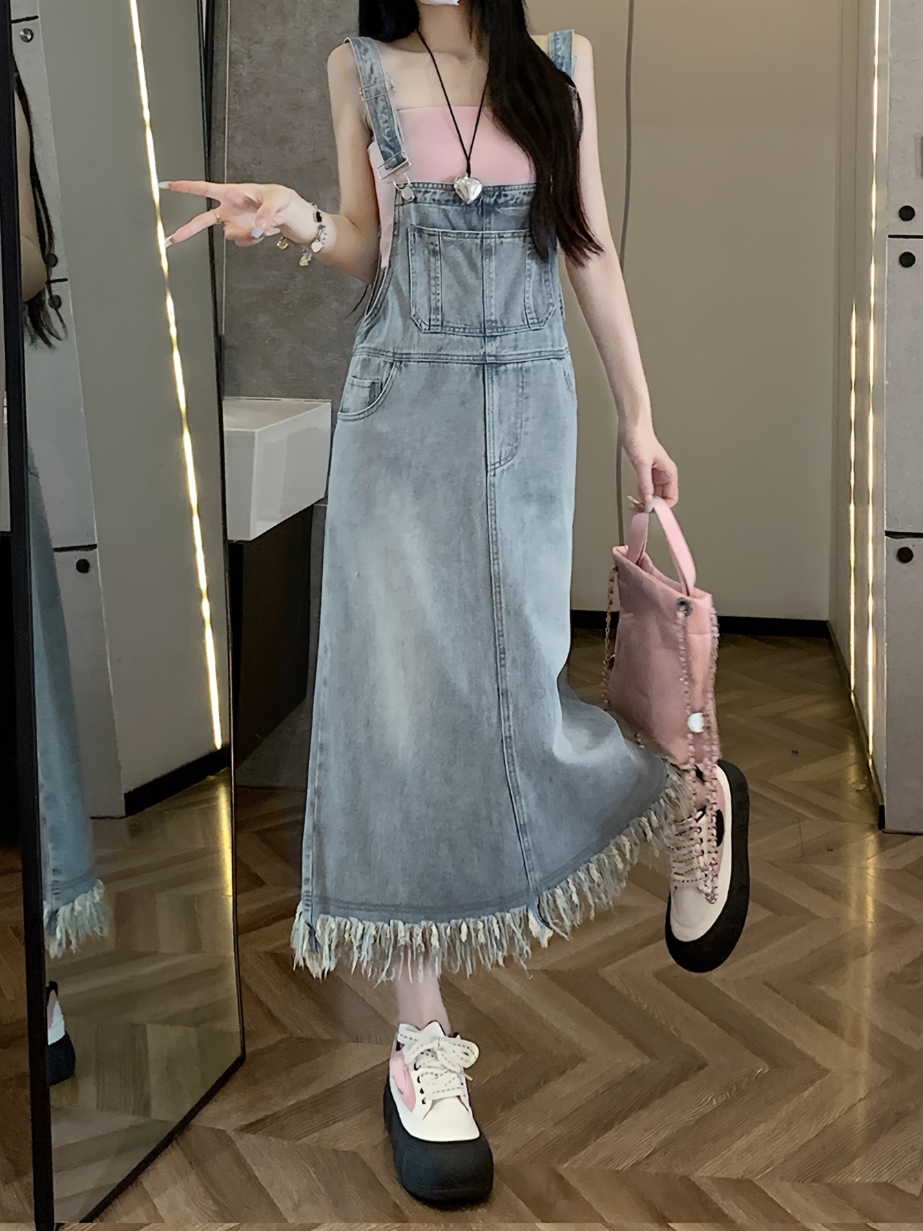 Raw Trim Washed Denim Overall Dress Non Stretch Casual Denim Dress Women s Denim Clothing