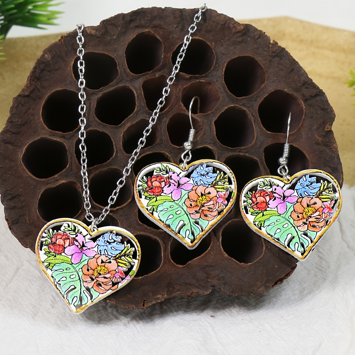 

1 Pair Of Earrings + 1 Necklace Boho Style Jewelry Set Cute Heart + Flower Design Match Daily Outfits Party Accessories