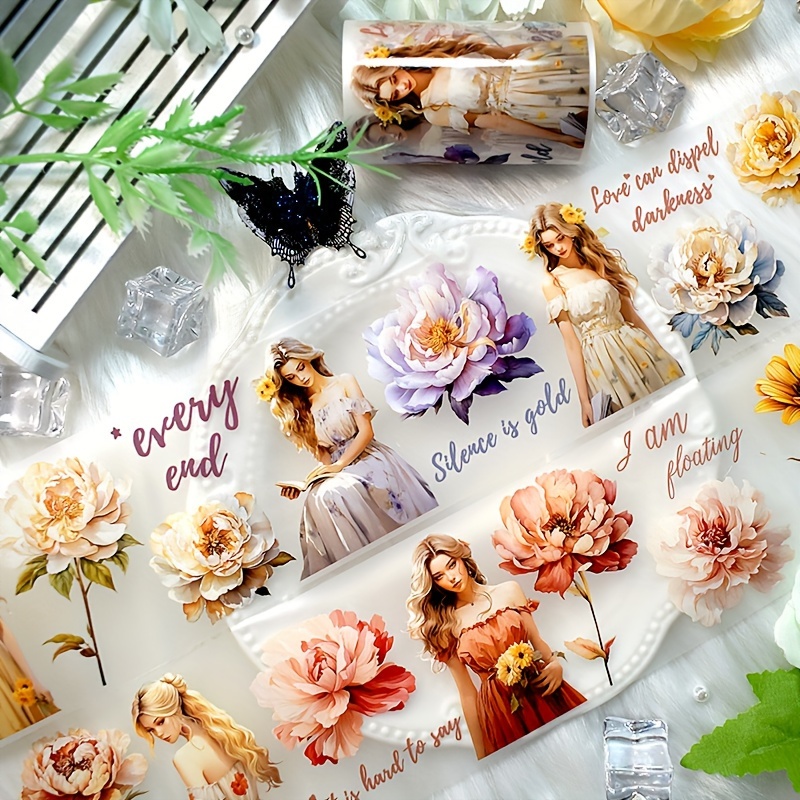 Image of 1pc Vintage Lady Series Flower Pet Tape Sticker, Handmade Diy Making, Notebook Decoration, Diary Border Splicing Design Tape, Length 2 Meters, Width 6.5cm