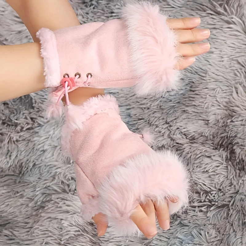 Guantes Con Puños De Piel Sintética Para Mujer, Guantes Sin Dedos Con  Cordones De Color Sólido, Cubierta Para Muñeca Cálida A Prueba De Frío Para  Otoño E Invierno - Temu