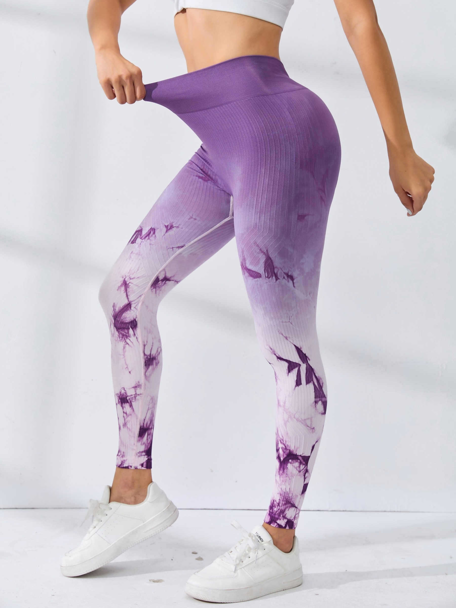 Pink Ombre Leggings Women, Purple Gradient Tie Dye Printed Yoga