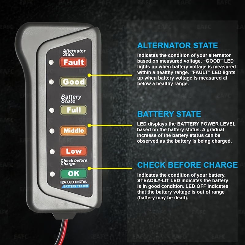 Mini testeur de batterie de moto 12V, testeur d'alternateur numérique 6  lumières LED affichage outil de diagnostic de voiture testeur de batterie  automatique pour voiture - Temu France