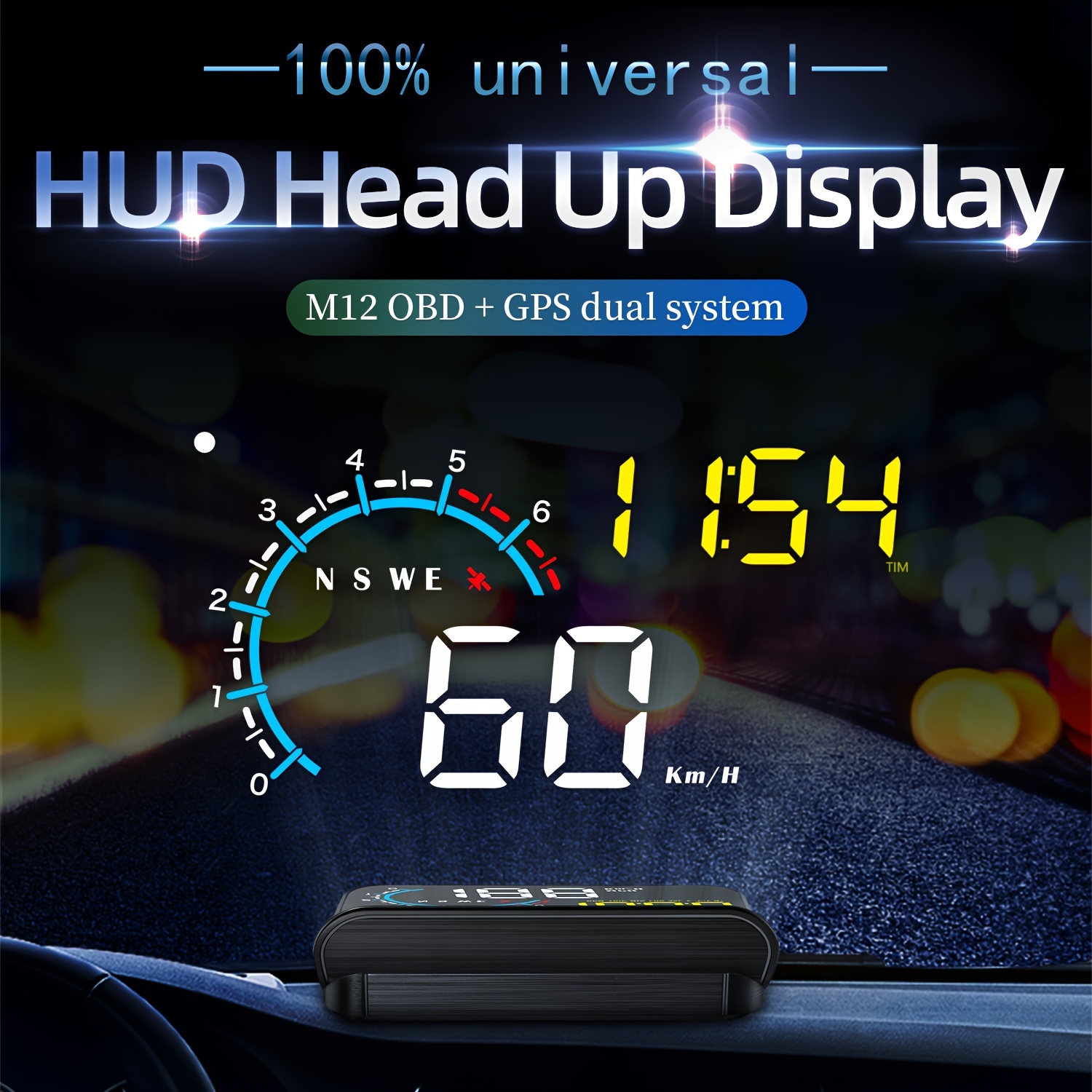 M12 OBD2+GPS Car Projector MPH KMH Automatic HUD Speedometer Windscreen  8.89 Cm Screen HD Car Head-up Display Multi-function Alarm Accessories