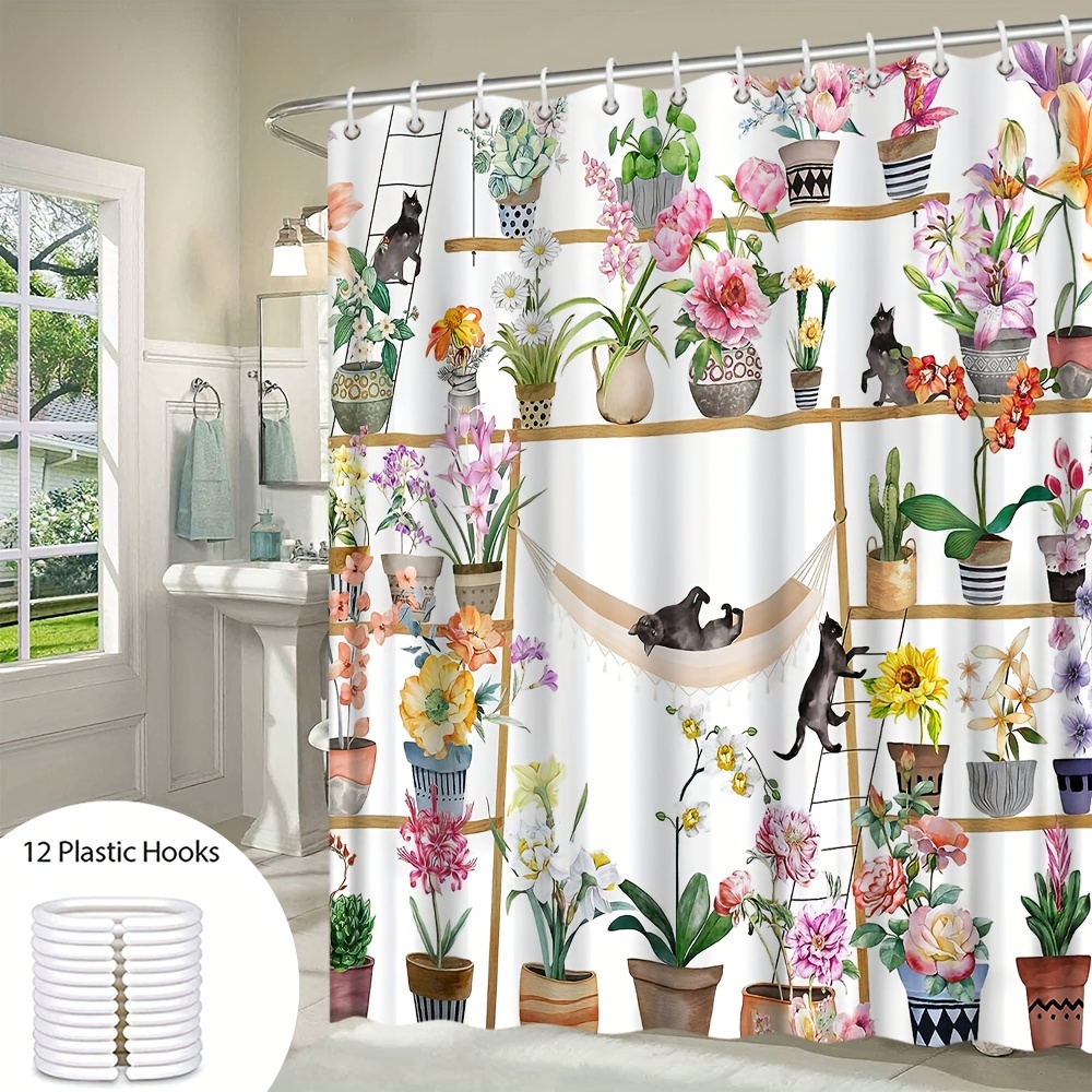 1pc Potted Flower Landscape Shower Curtain, Sunflower Cactus Tropical Green  Succulent Potted Curtain, Orchid Daisy Green Plant Modern Fashion Home Bat