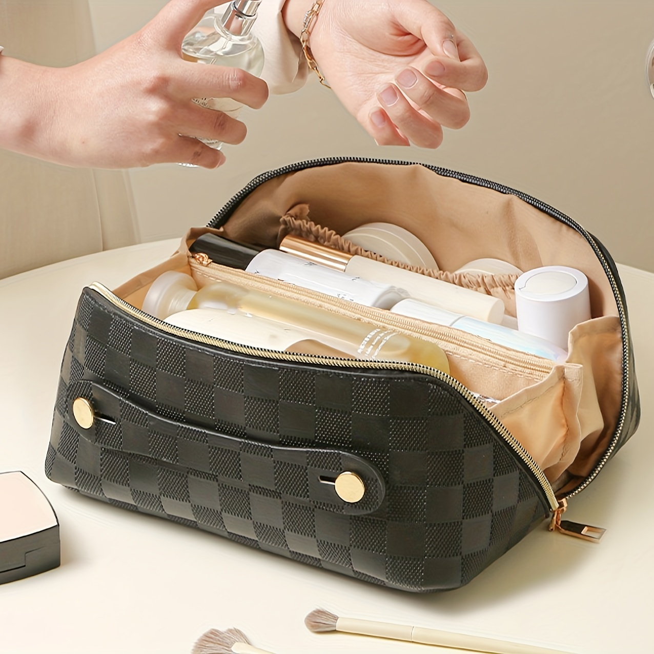 Makeup Bag For Home Women, Travel Portable Toiletry Bag, Flat Open  Convenient To Take Pu Leather Cosmetic Bag, Large Cosmetic Organizer - Temu  Australia