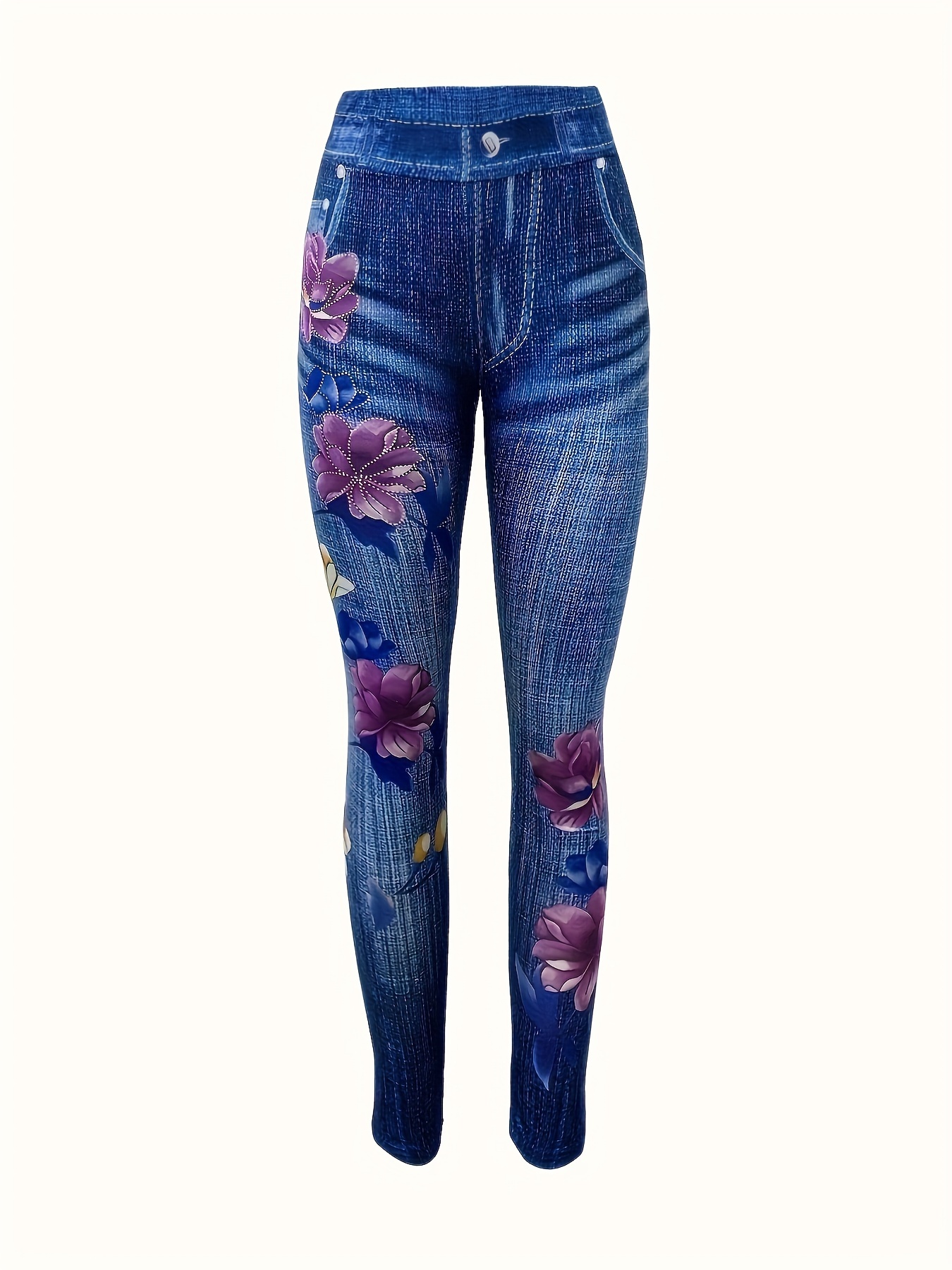 Plus Size Casual Leggings Women's Plus Floral Denim Print - Temu