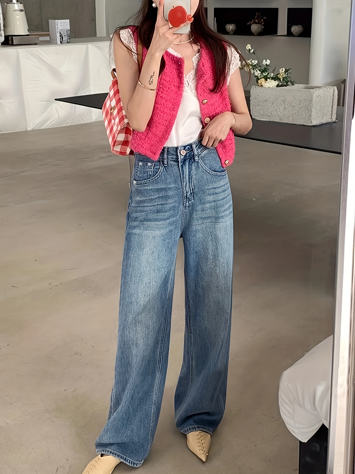 High Waist Whiskering Light Wash Mom Jeans Water Ripple - Temu Canada