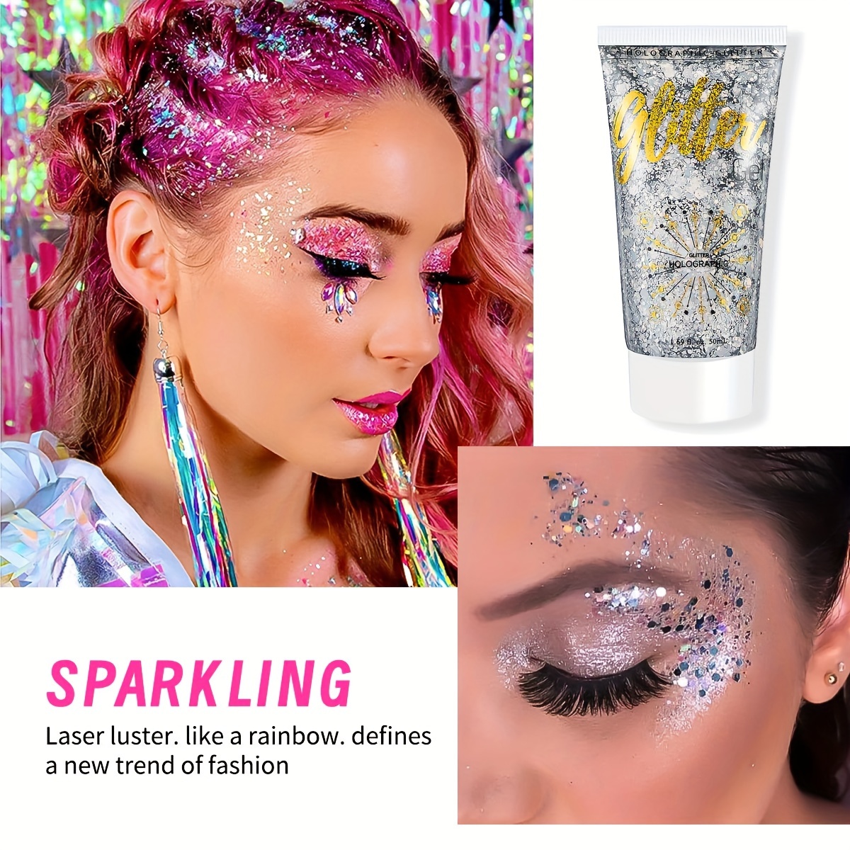 pink Body Glitter Stick, Music Festival Rave Hair Accessories Glitter  Makeup, Concerts Face Glitter Gel, Holographic Mermaid Sequins Chunky  Glitter