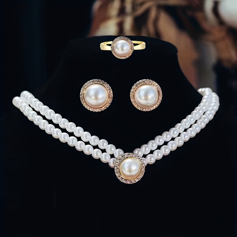

1 Pair Stud Earrings +1 Pc Ring +1 Pc Necklace With Pretty Imitation Pearl Design Tiny Rhinestones Inlaid Vintage Elegant Style Wedding Decor