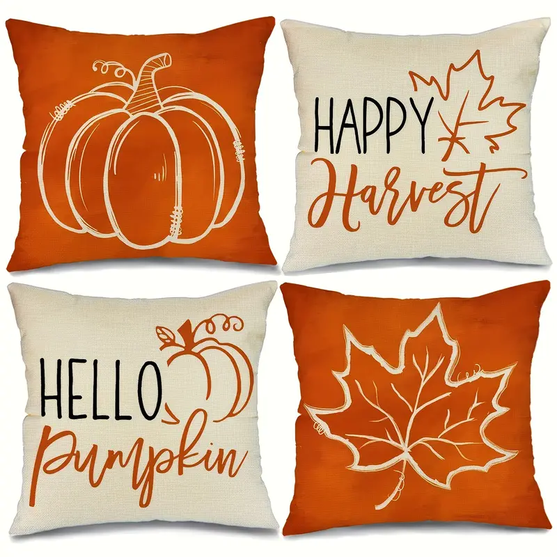 4pcs fall linen blend throw pillow case pumpkin leaves square cushion case decorative pillow cover for living room couch sofa single sided printed no pillow insert home decor room decor living room decor details 1