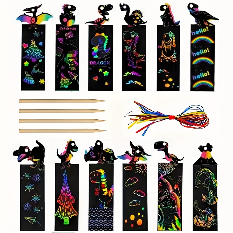 1 Set 12pcs Kids Scratch Art Bookmarks In Magical Rainbow Making
