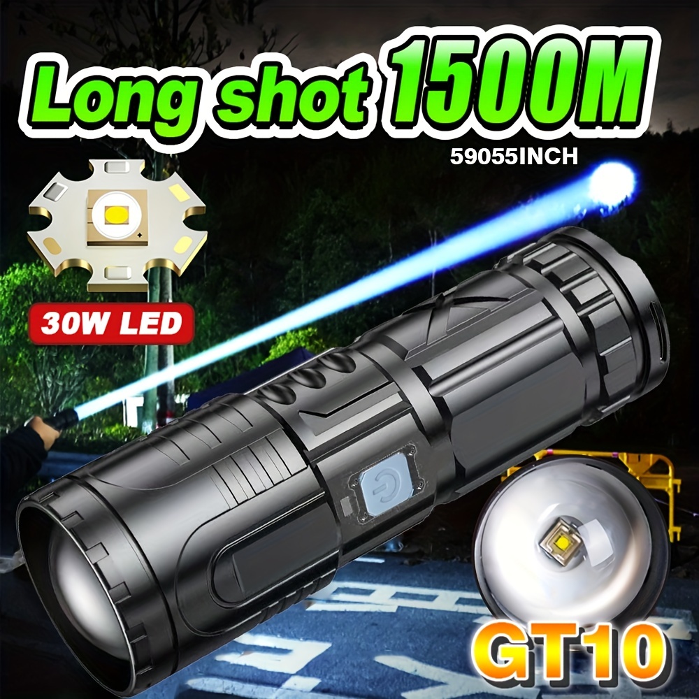 

1pc 30w Led Flashlights, High Lumen, Rechargeable, Powerful Gt10 Torch, Super Bright Hunting Light, Zoomable, Waterproof, Abs Flash Light For Emergency Camping, Hiking, Fishing, Patrol Lantern