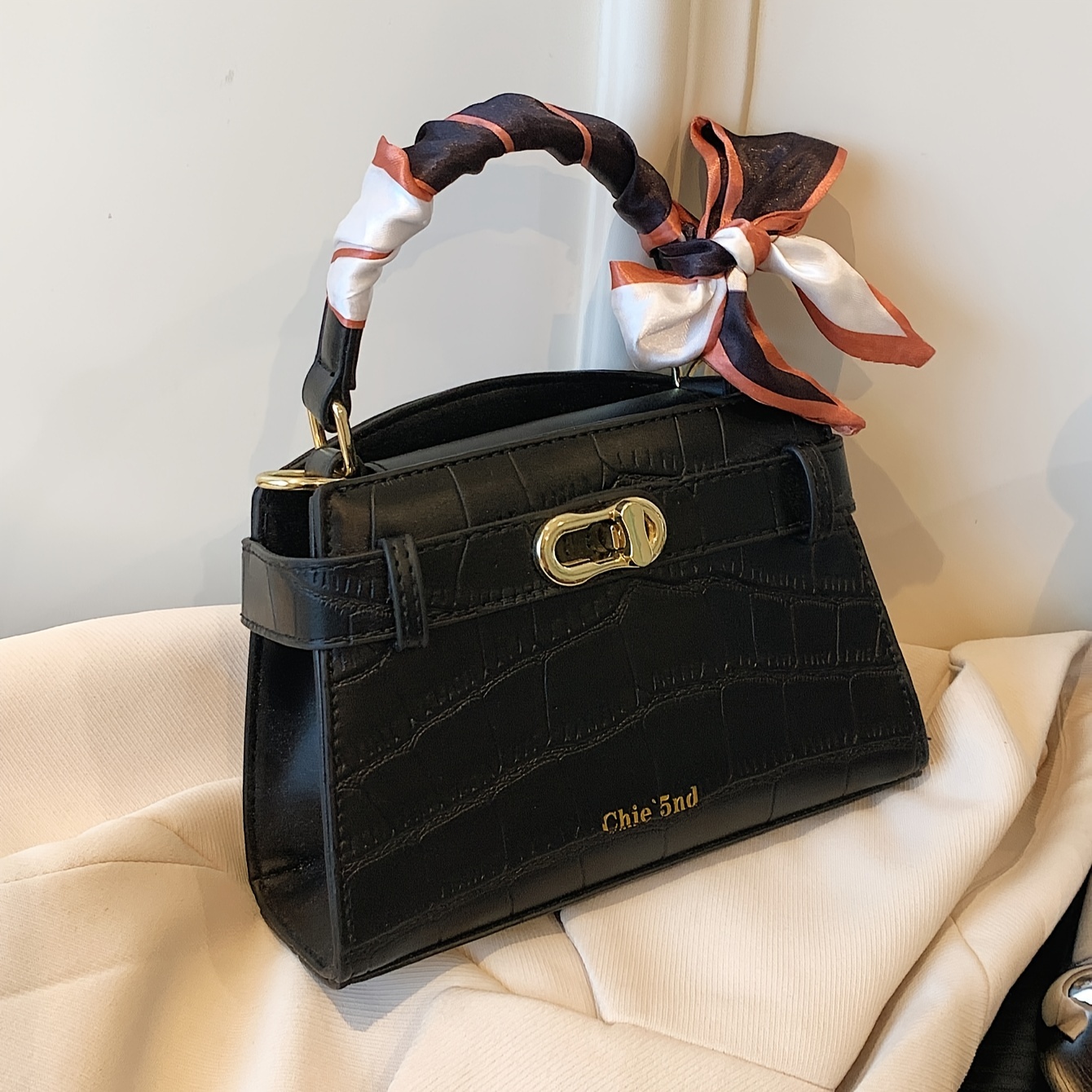 Houndstooth Pattern Tote Bag, Twilly Scarf Decor Shoulder Bag, Fashion  Tweed Handbag For Women - Temu