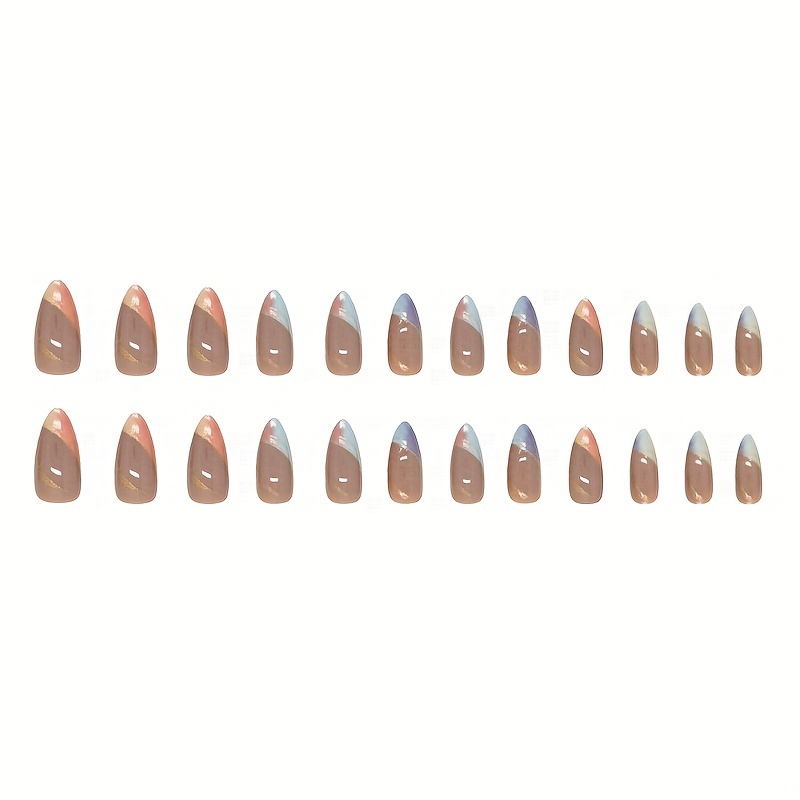 24pcs color gradient press on nails medium length almond fake nails wit golden glitter line design glossy full cover stylish false nails for women and girls details 3