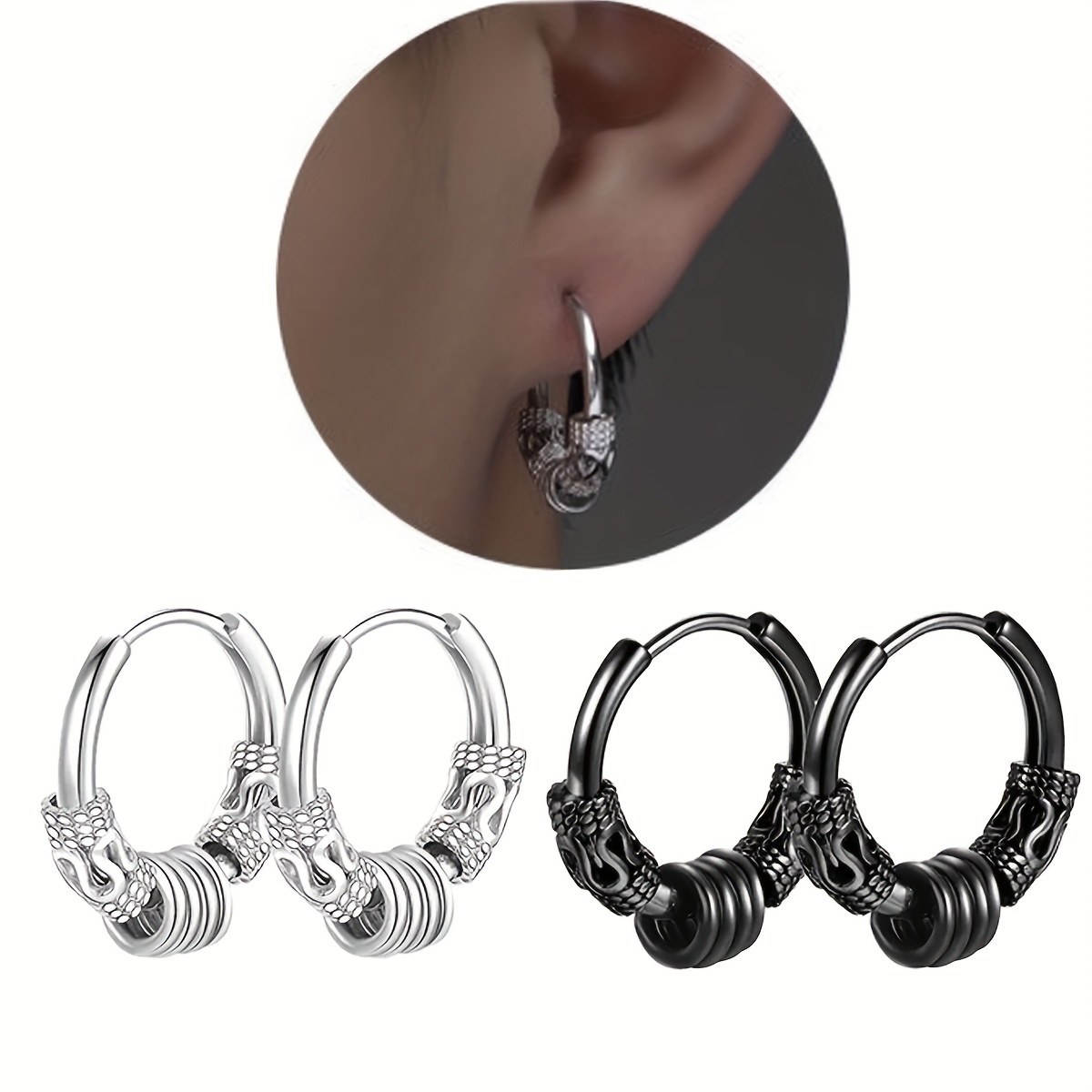 

2pairs Stainless Steel Hip Hop Retro Totem Circle Decor Hoop Earrings For Men