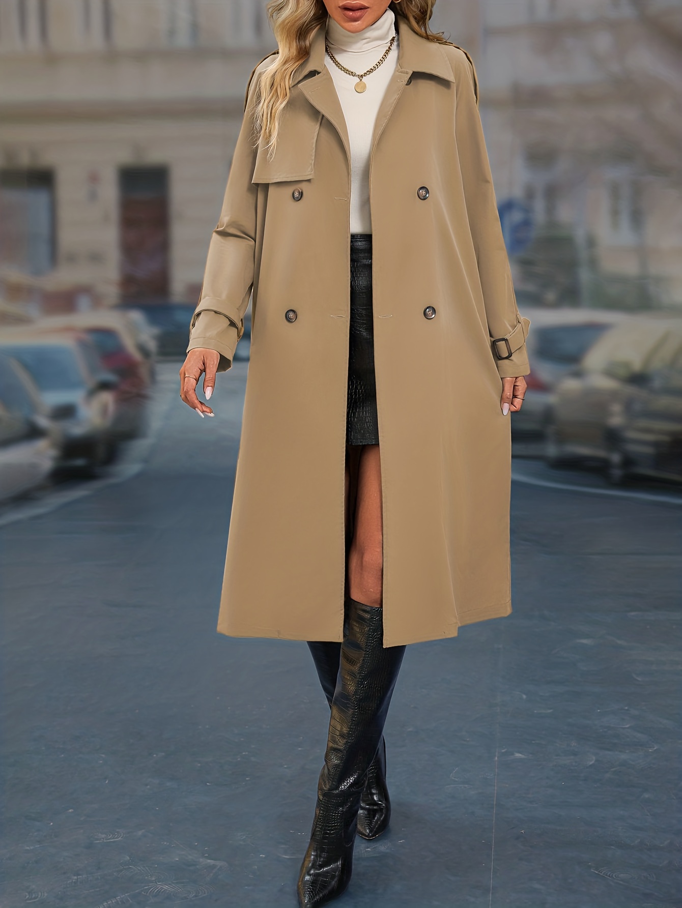 Solid Double Breasted Belt Trench Coat Elegant Long Sleeve - Temu