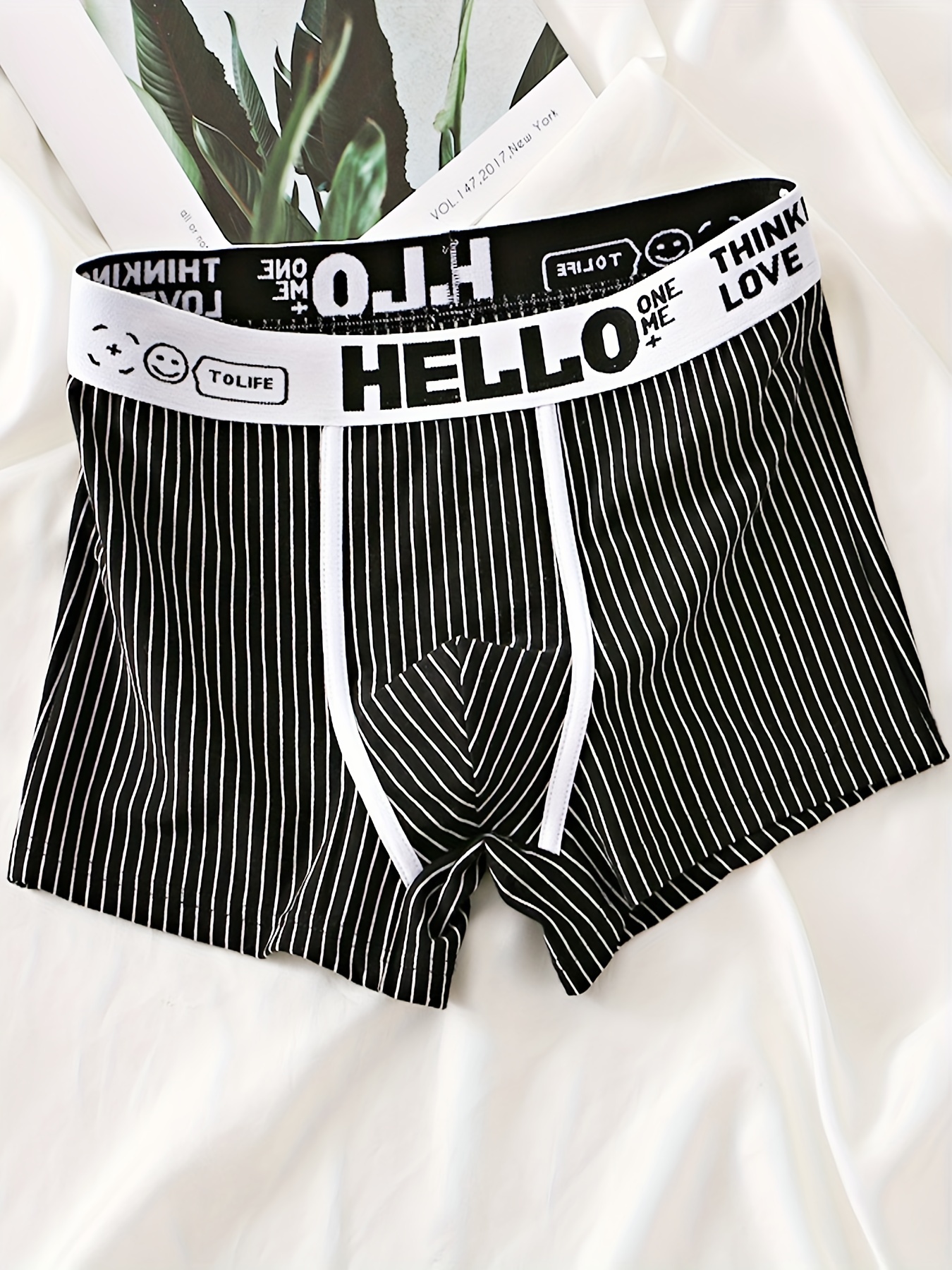 2pcs Men's 'HELLO' Print Fashion Striped Cotton Boxer Briefs, Breathable  Comfy Elastic Waistband Panties, Men's Underwear, Multicolor Set