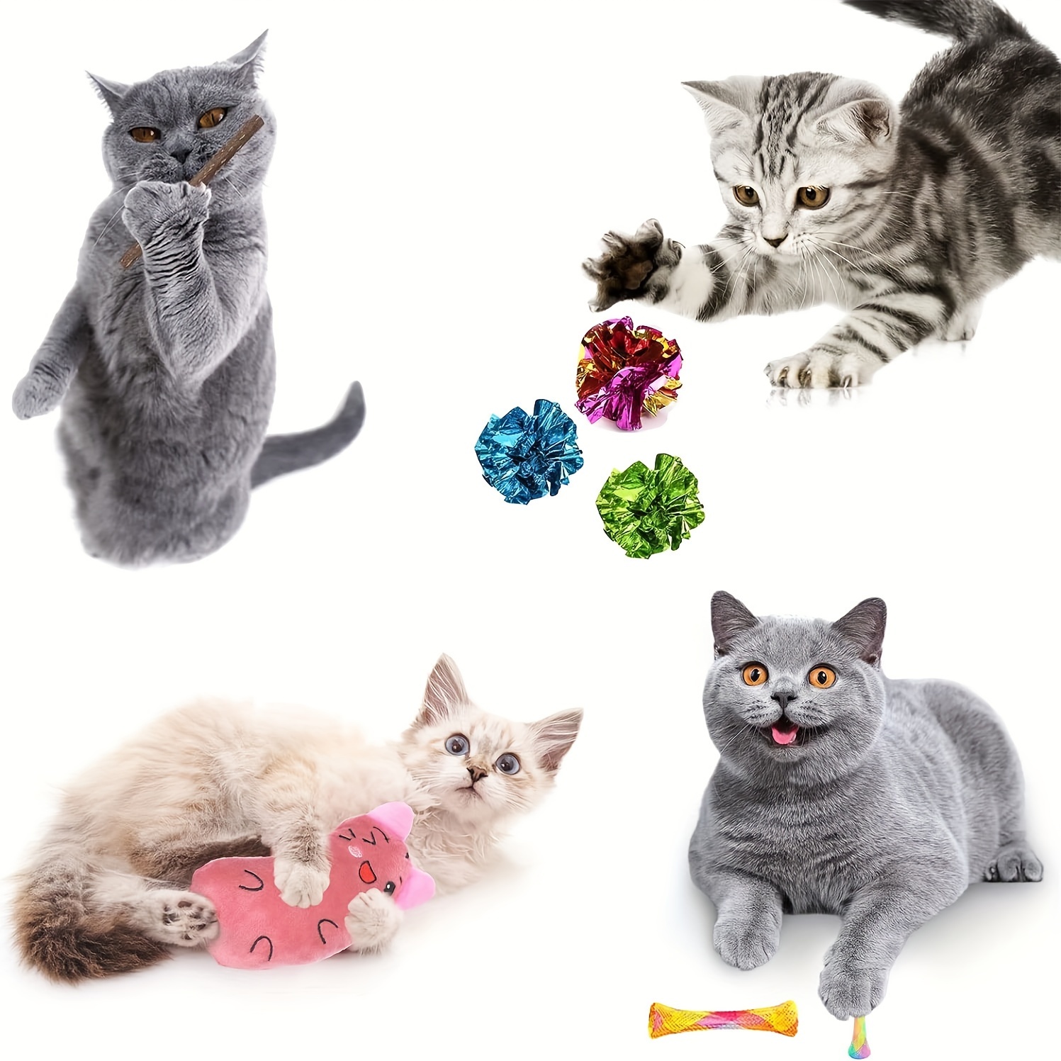 Interactive Cat Toys 10 Pack - Retractable Cat Wand Toy Cat Teaser Refills  for Kitten - Cat Feather Toys Replacements with Mylar Crinkle Balls for