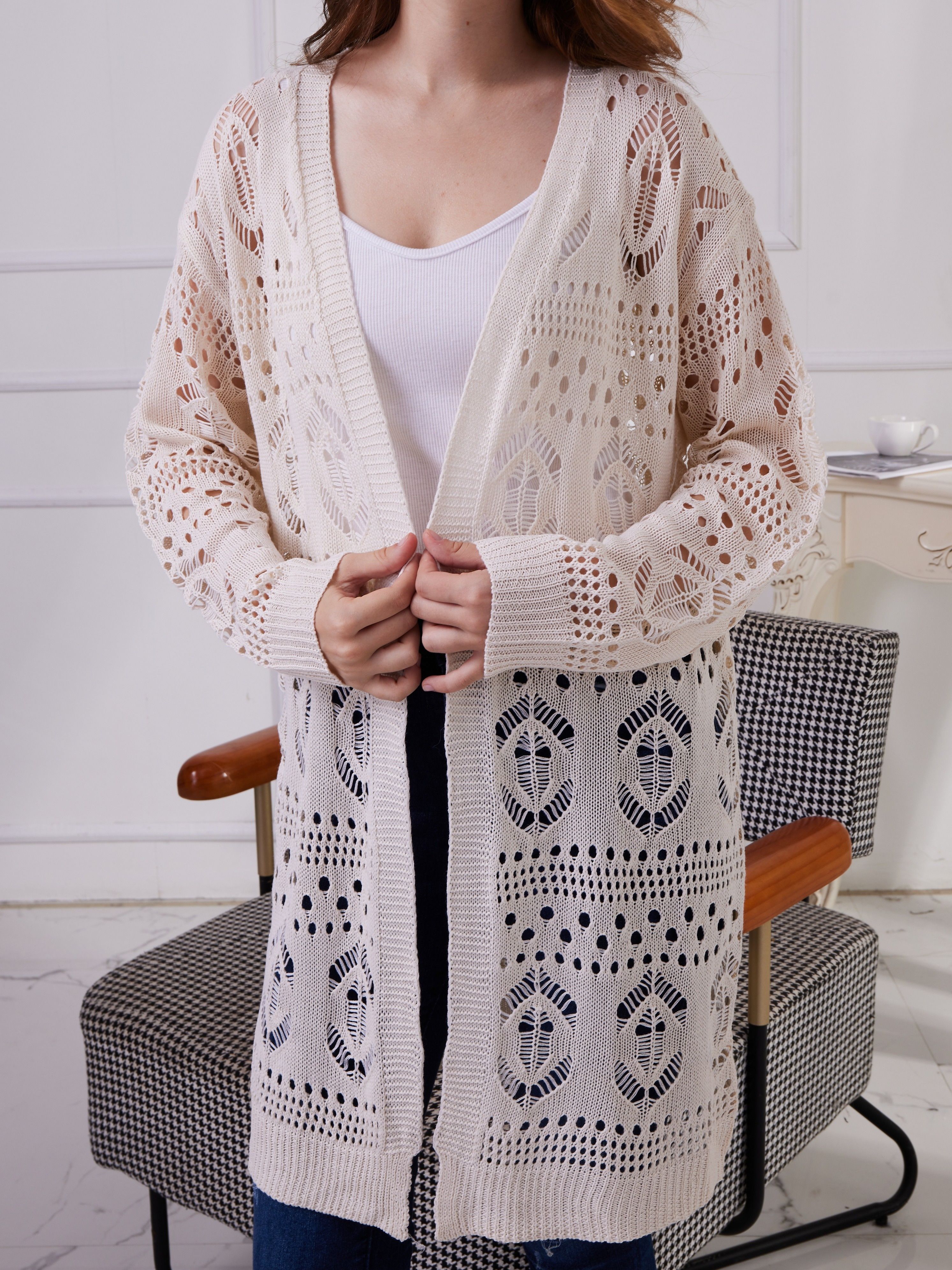 Apricot Crochet Lace Sleeve Ribbed Knit Cardigan