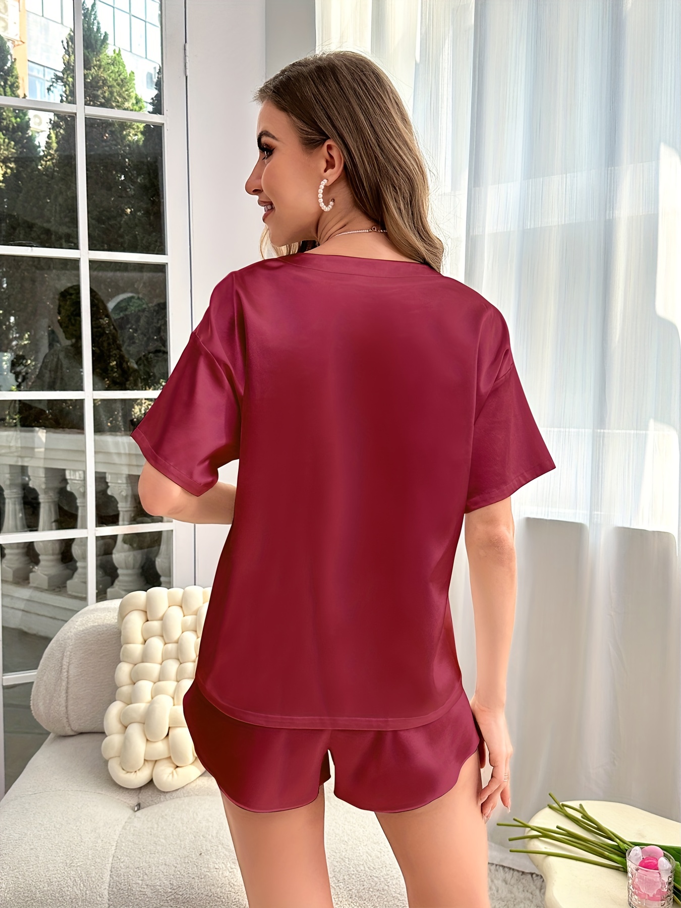 Solid Satin Lounge Set Short Sleeve Crew Neck Top & Shorts Women's Loungewear