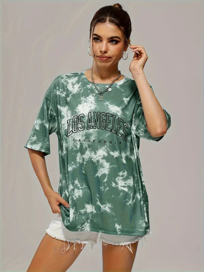 Tie Dye & Letter Graphic Tee, Casual Loose Crew Neck T-shirts, Women's Clothing