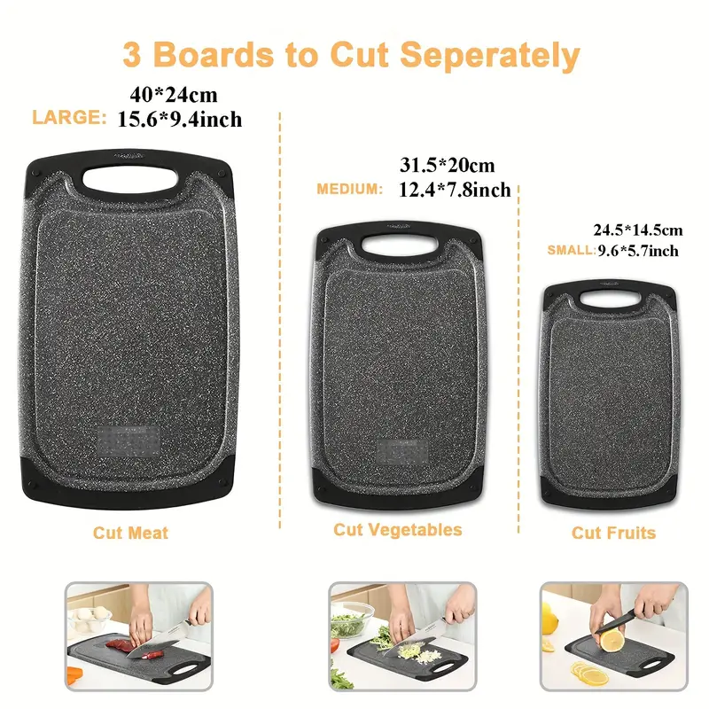Large Cutting Board, Dishwasher Safe Chopping Boards With Juice Grooves and  Easy Grip Handle, BPA Free, 3 Pieces Plastic Cutting Board Set, Gray