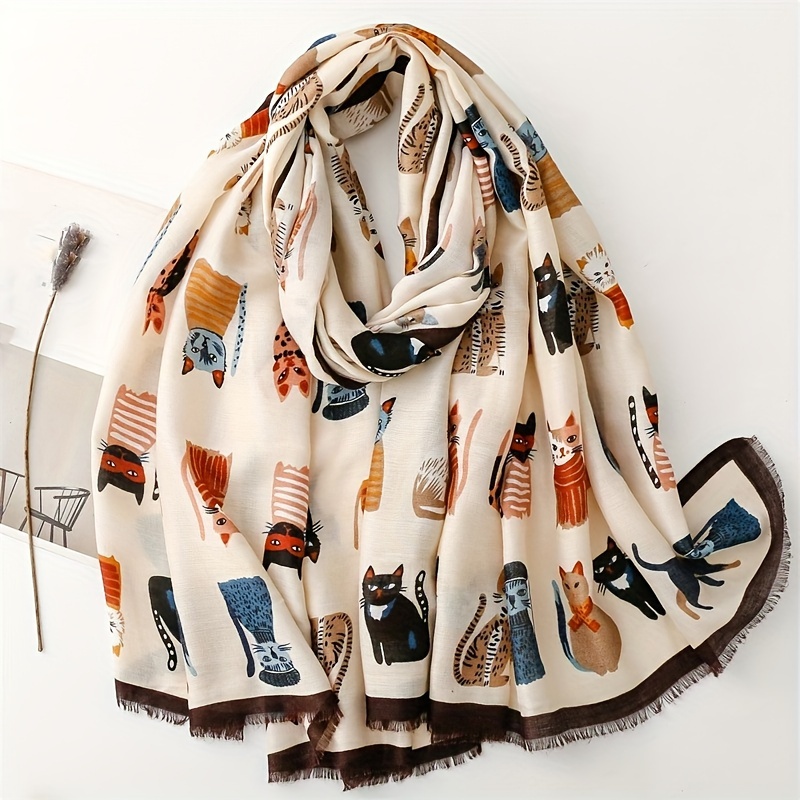 Scarf for Women Shawl Wraps,Funny Image of a Cat Fishing Print