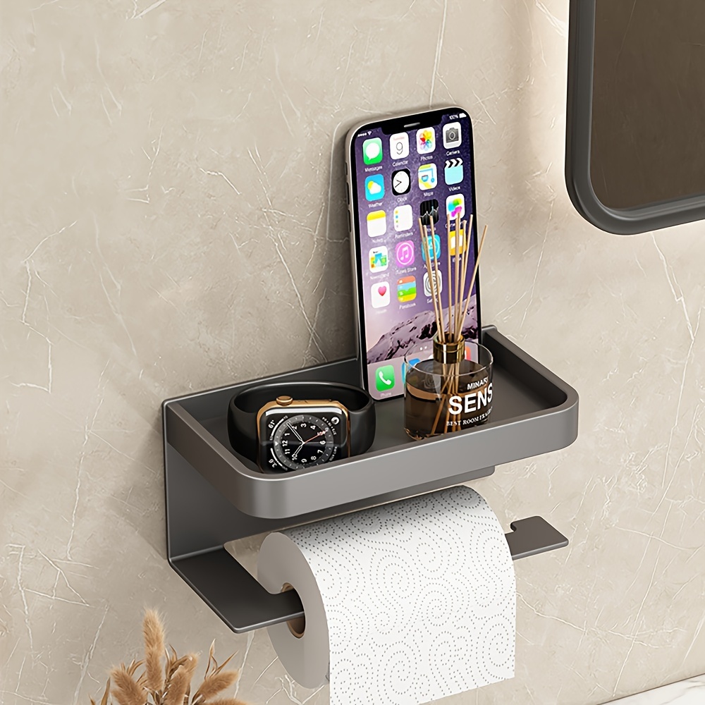 1pc Toilet Paper Holder With Phone Shelf, Self Adhesive Toilet Paper Roll  Holder For Bathroom, Aluminum Tissue Paper Roll Holder, Home Organization An
