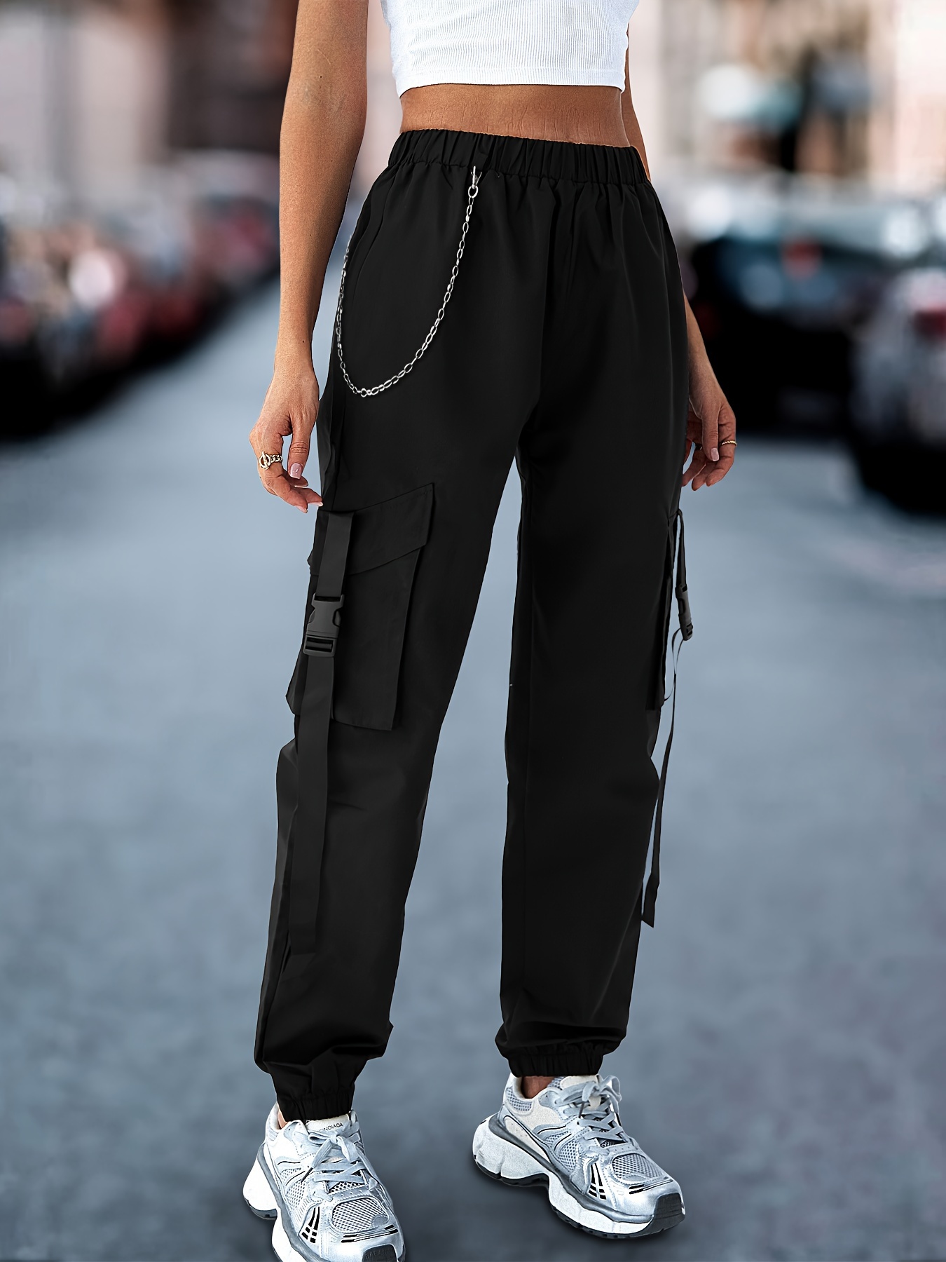Solid Flap Pocket Jogger Cargo Pants, Casual Elastic Waist Chain Pants,  Women's Clothing