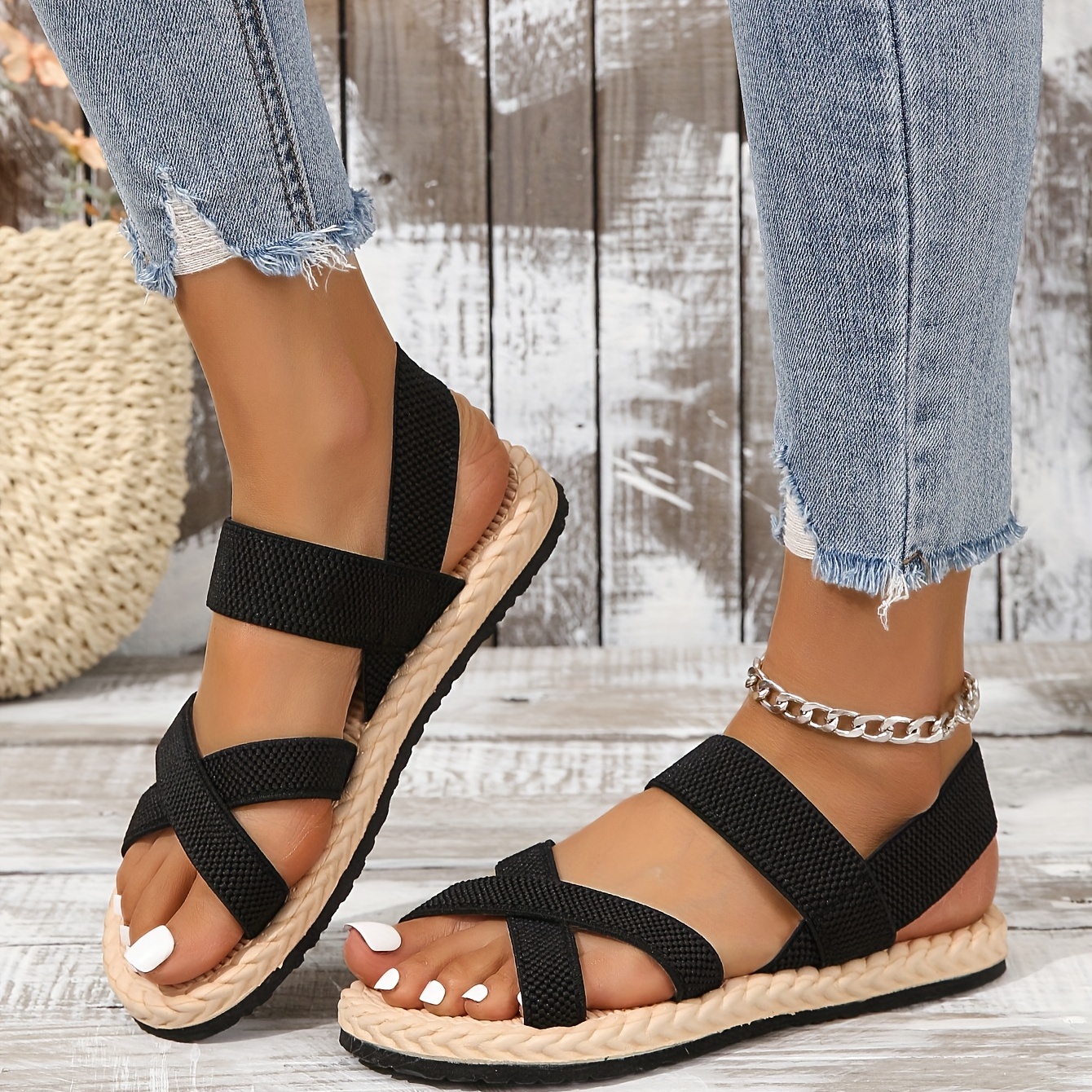Women's Solid Color Flat Sandals Open Toe Elastic Strap Slip - Temu