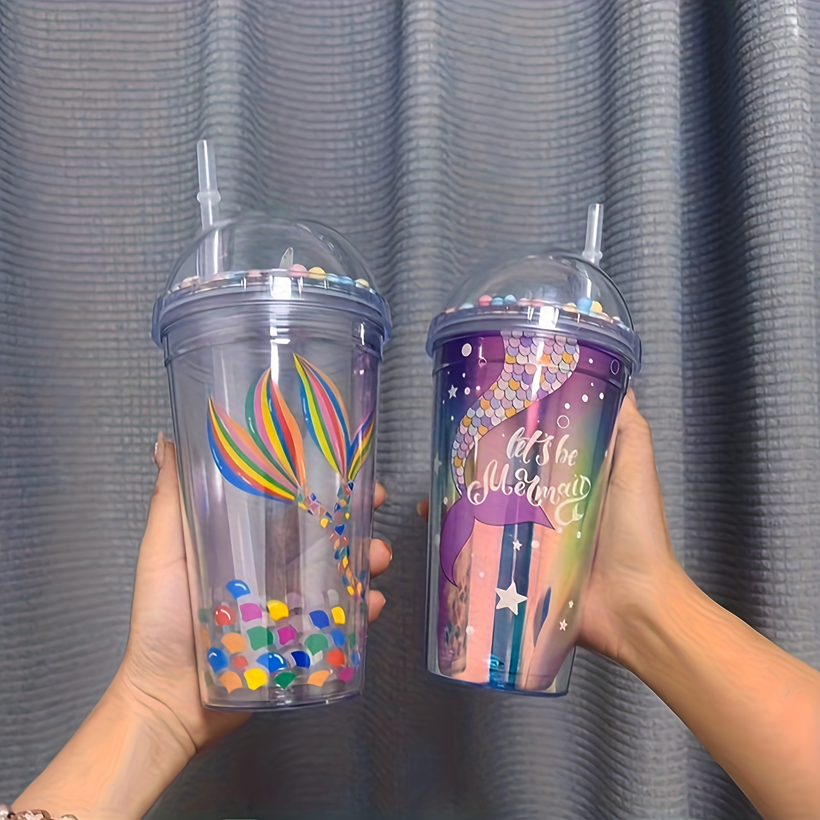 Mermaid Tumbler With Lid And Straw Double Walled Plastic - Temu