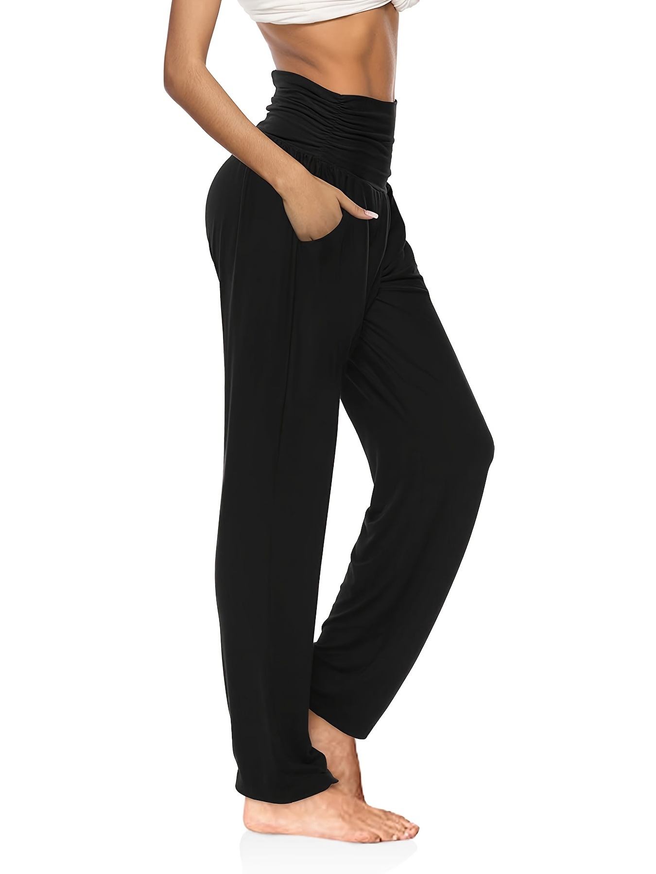 Solid High Stretch Wide Leg Yoga Pants Pleated Waistbelt - Temu