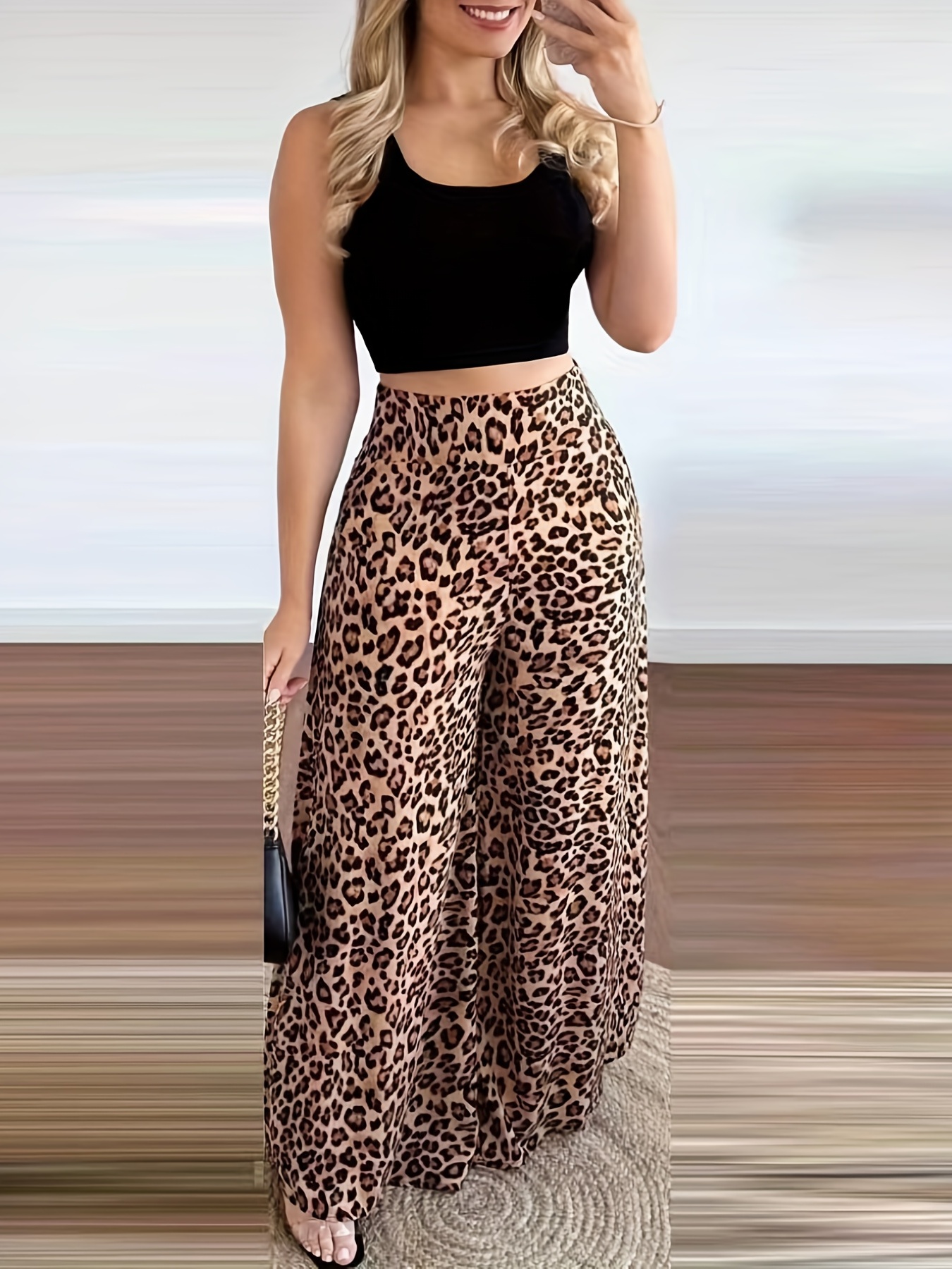 Casual Two piece Set Crop Tank Top Leopard Print Wide Leg - Temu