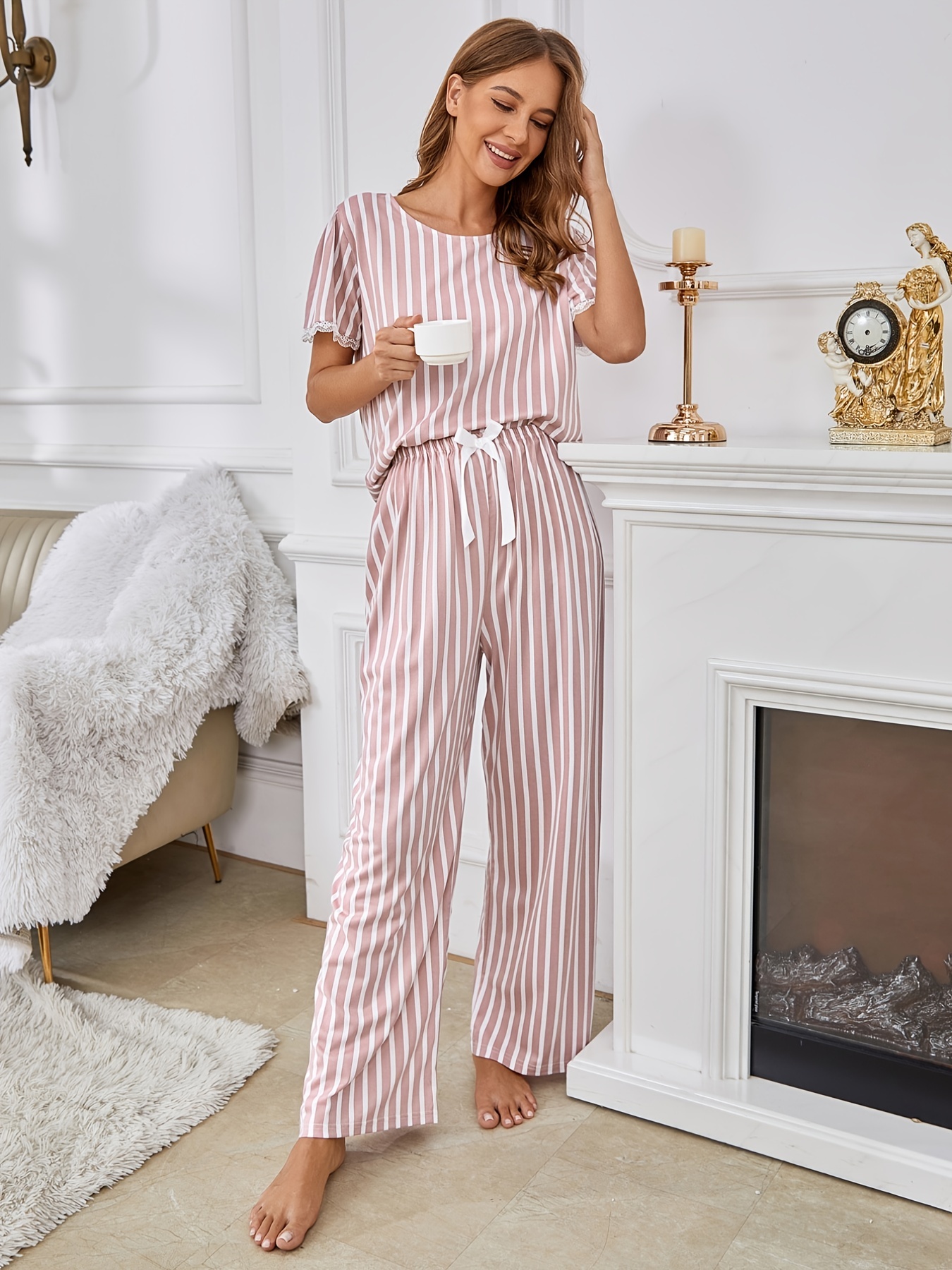 Bow Striped Print Pajamas Set, Casual Short Sleeve Lace Trim Top & Loose  Long Pants, Women's Loungewear & Sleepwear