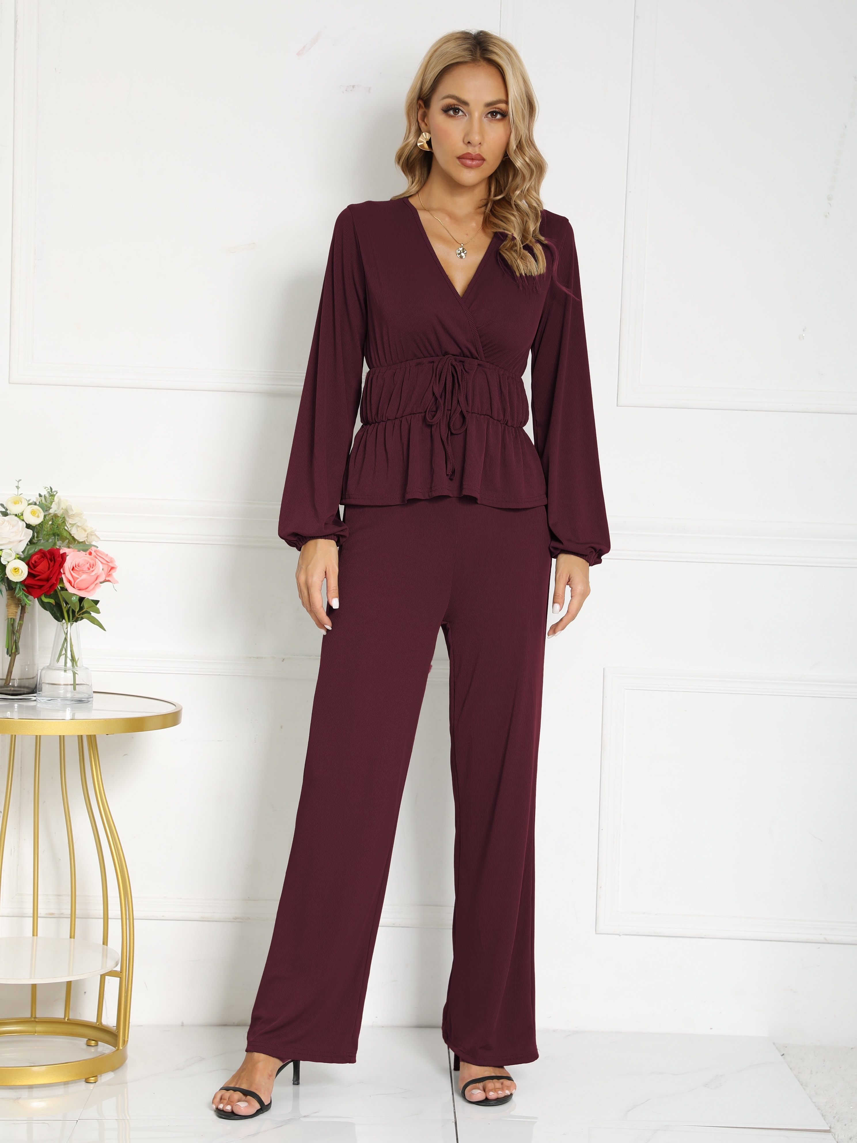 Solid Casual Two-piece Set, Button Front Thin & Skinny Pants Outfits,  Women's Clothing - - Temu