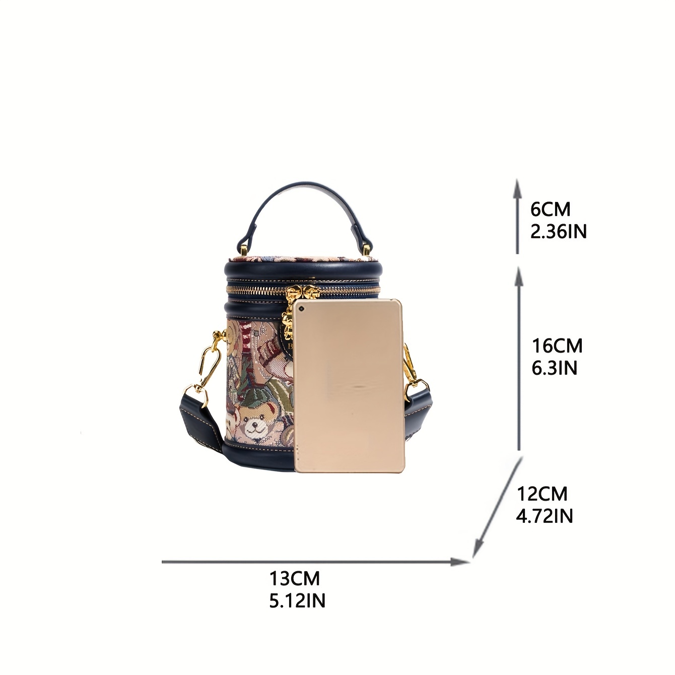 Bear Pattern Cylinder Bucket Bag, Small Scarf Decor Zipper Shoulder Purse,  Trendy Crossbody Bag With Bag Charm