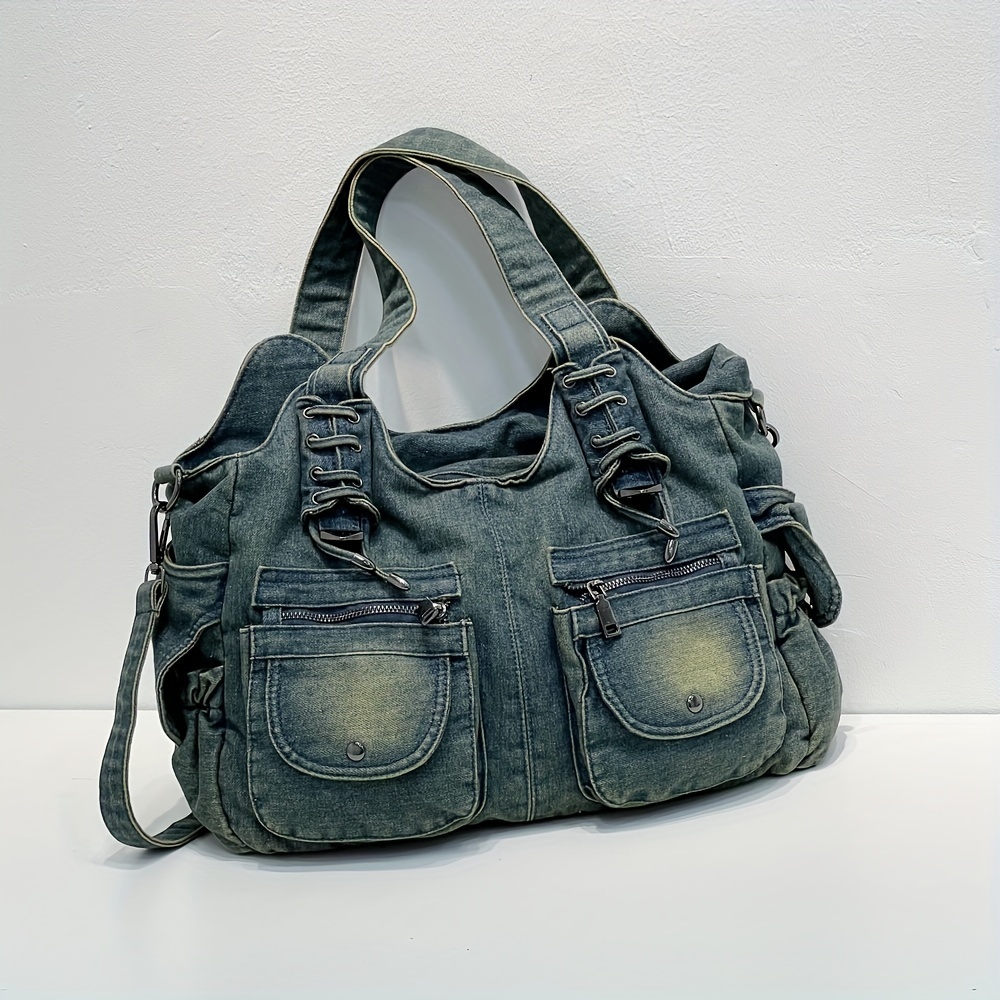Fashion denim handbag shoulder bag large capacity retro Messenger bag bag  for men and women (Denim Dark Blue)