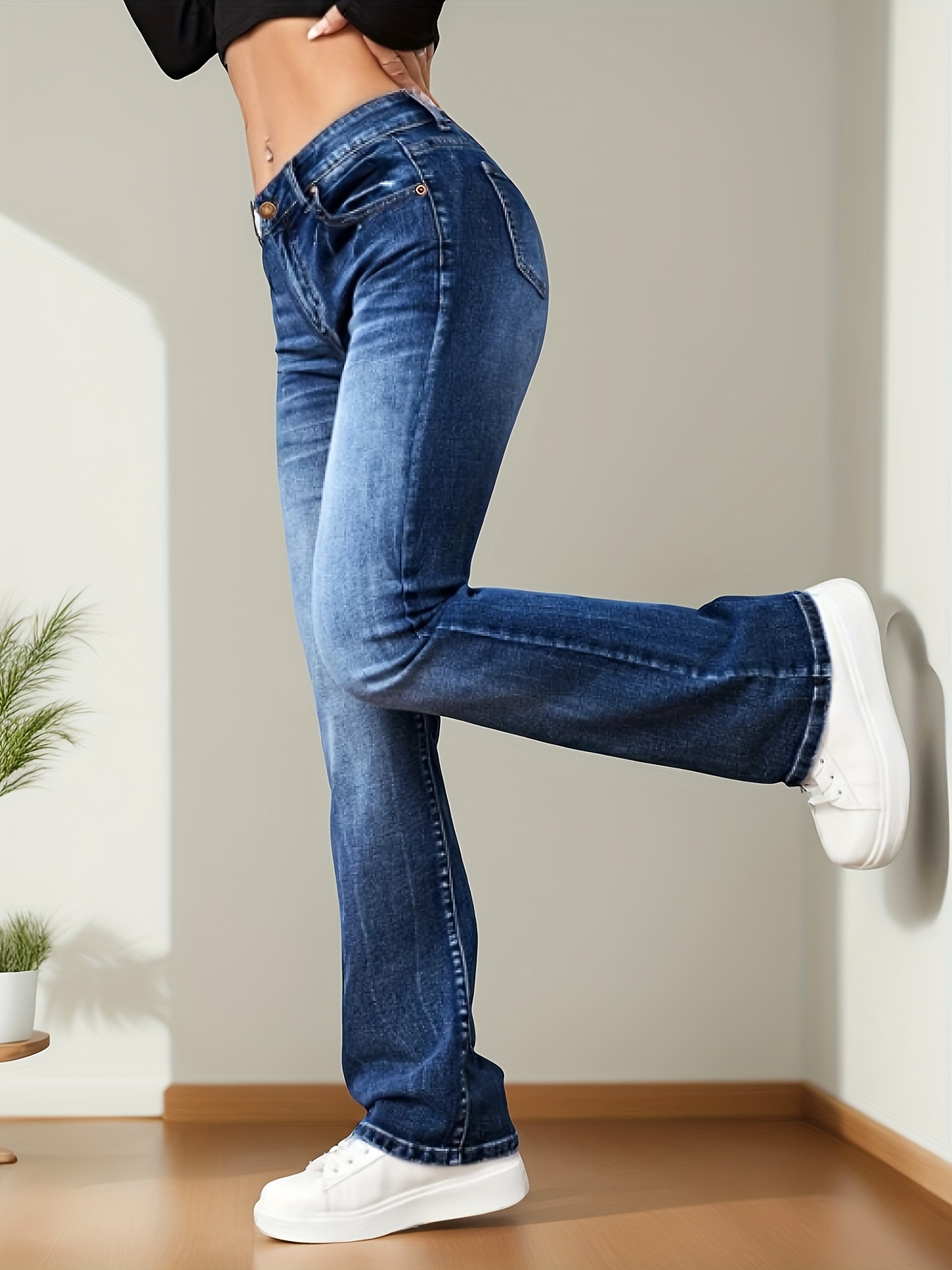 Blue Slant Pocket Bootcut Jeans stretch Washed Versatile - Temu