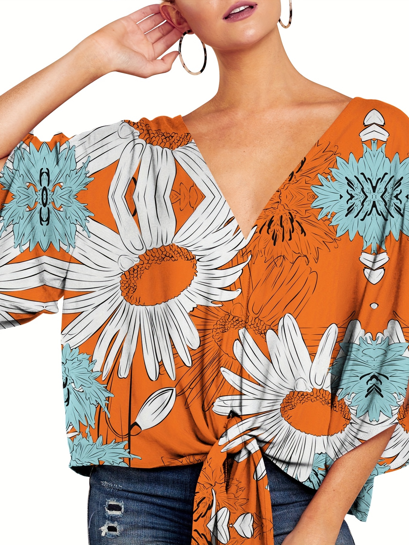 Plus Orange Wrap Over Floral Blouse, Women's Blouses