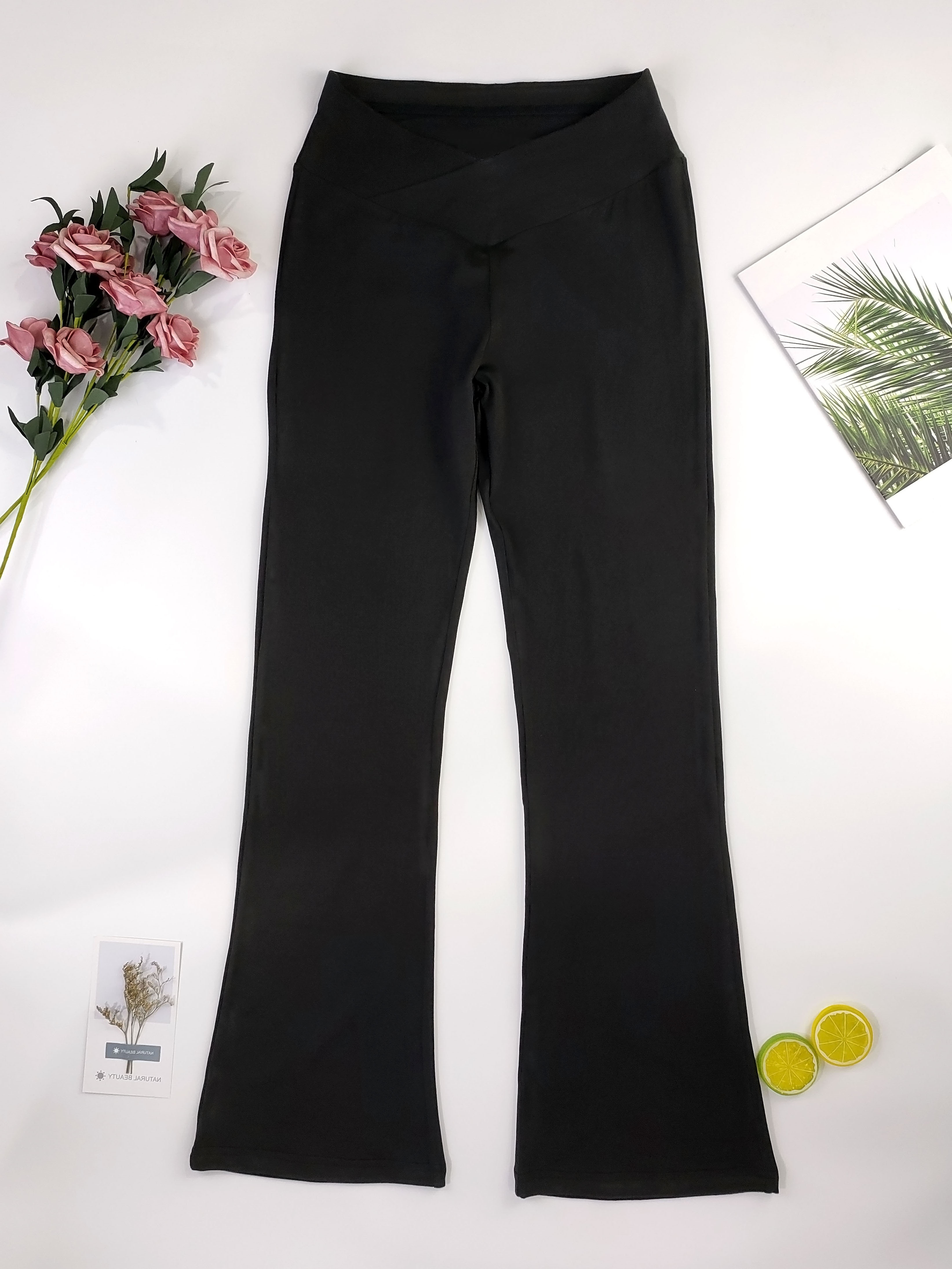solid flare leg pants casual stretchy high waist pants womens clothing