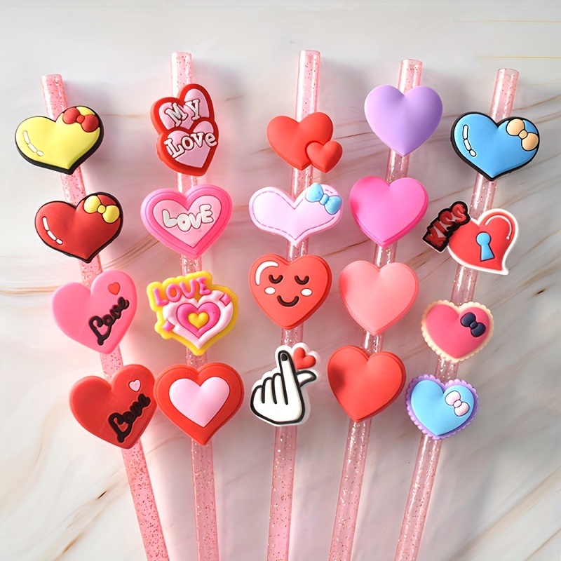 2pcs/set PVC Straw Cover, Cartoon Cute Heart Decor Straw Cap For Home