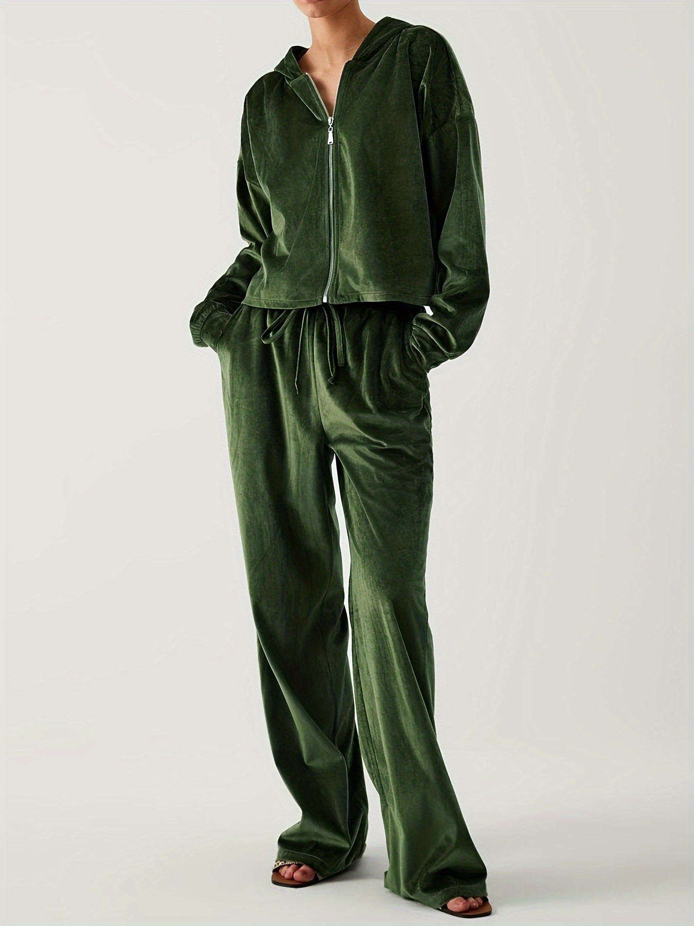Elegant Solid Two piece Pants Set Long Sleeve Zipper Front T - Temu