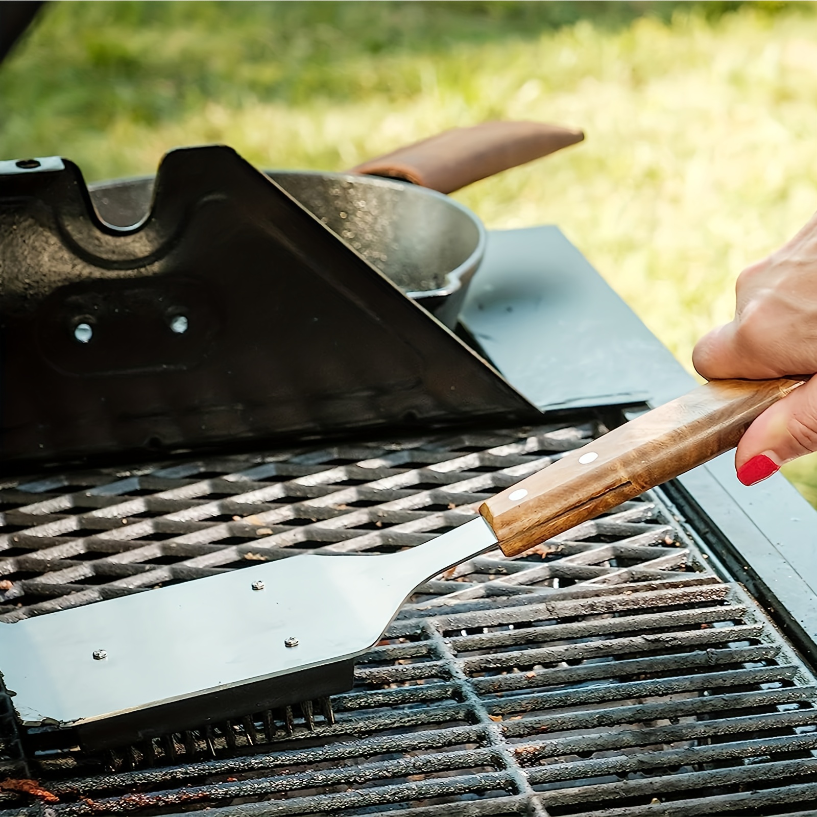 Barbecue Grill Brush and Scraper Extended, Large Wooden Handle and Stainless