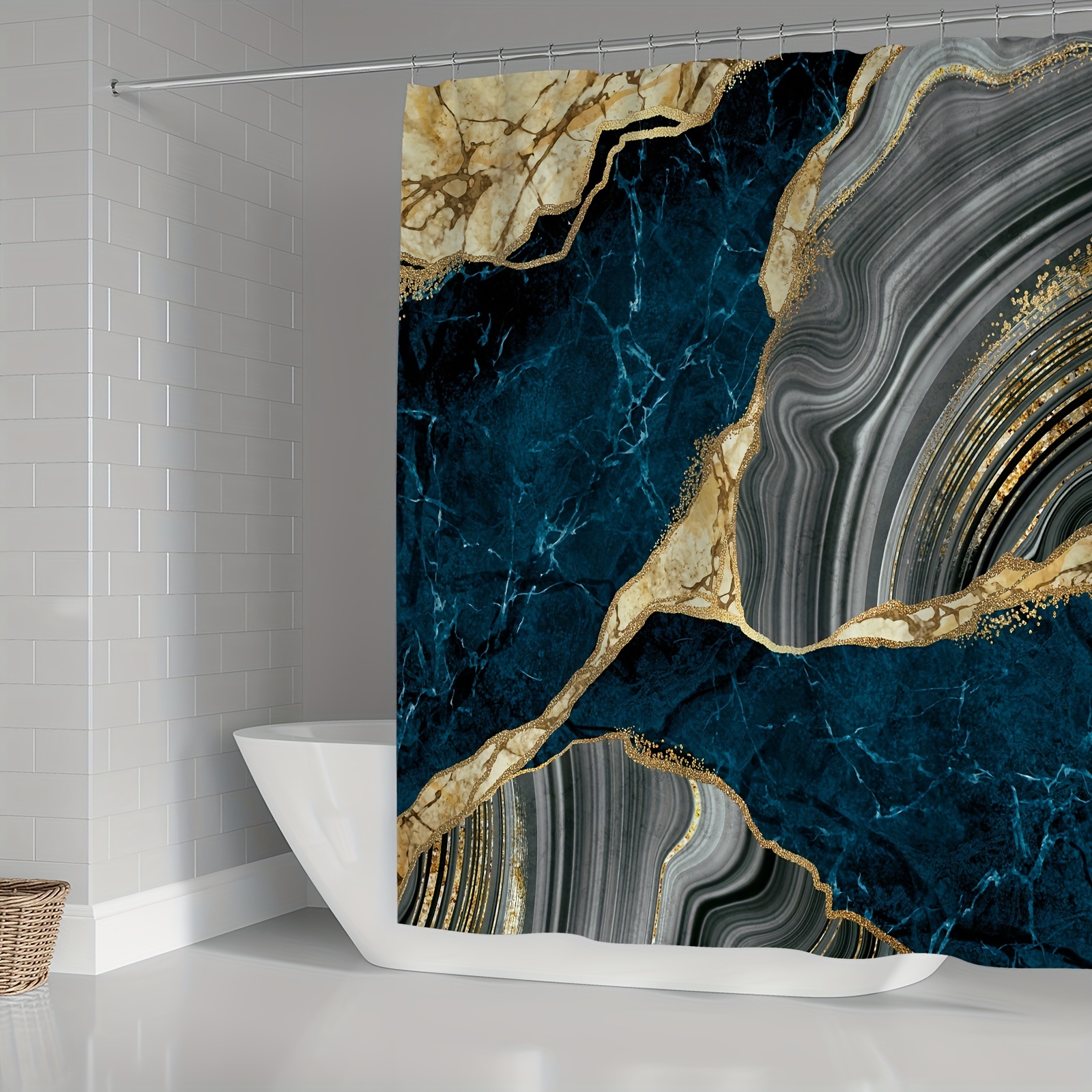 Abstract Marble Leaf Shower Curtain, Blue Gold Art Decor Style Bathtub  Showers Waterproof Polyester Design Decorative Bathroom with 12 Hooks  72*72 