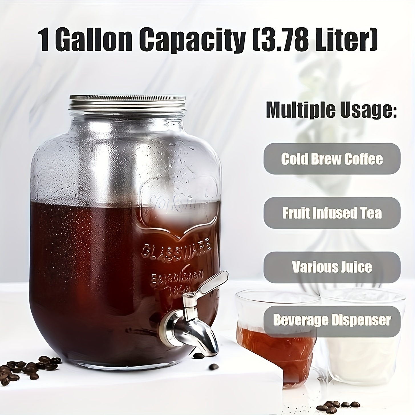 1gallon Cold Brew Coffee Maker With Cleaning Brush - Easy Pour Stainless  Steel Spigot Tap, Removable Fine Mesh Filter, Extra Thick Glass Pitcher -  Brewing System For Iced Coffee - Refrigerator Safe 