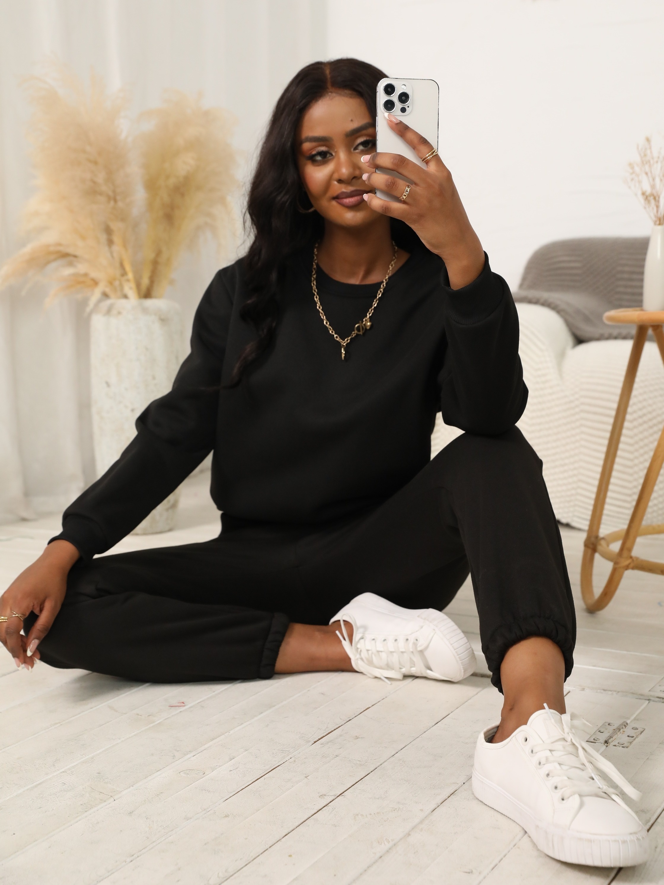 Casual Solid Two piece Set Long Sleeve Crew Neck Top - Temu