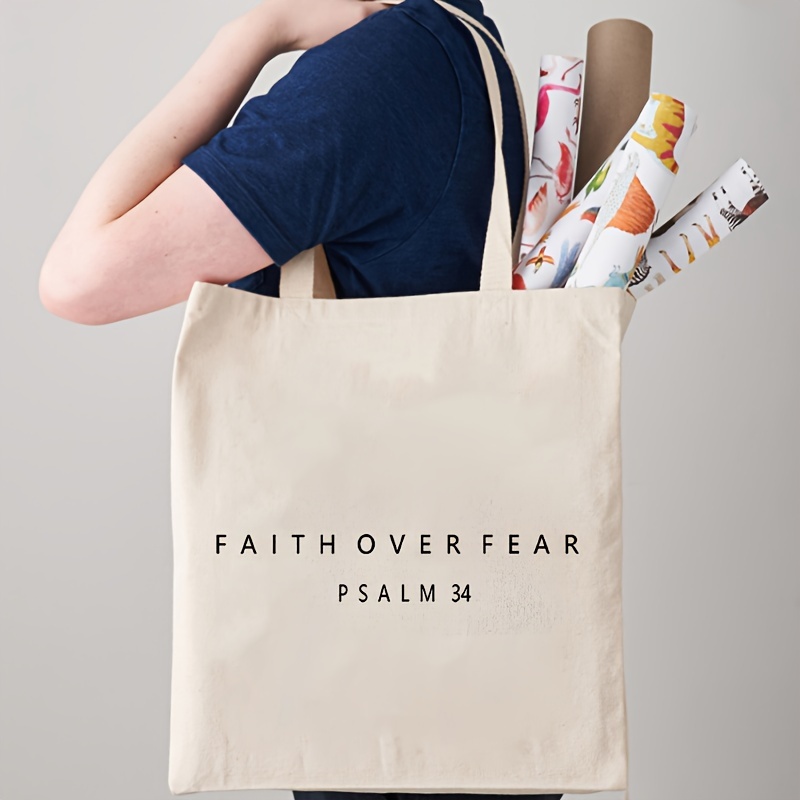 

1pc Faith Over Fear Psalm 34 Christian Pattern Tote Bag, Canvas Shoulder Bag For Travel & Daily Commuting, Shopping Luggage Bag, Best Gift For Her, Trendy Folding Handbag