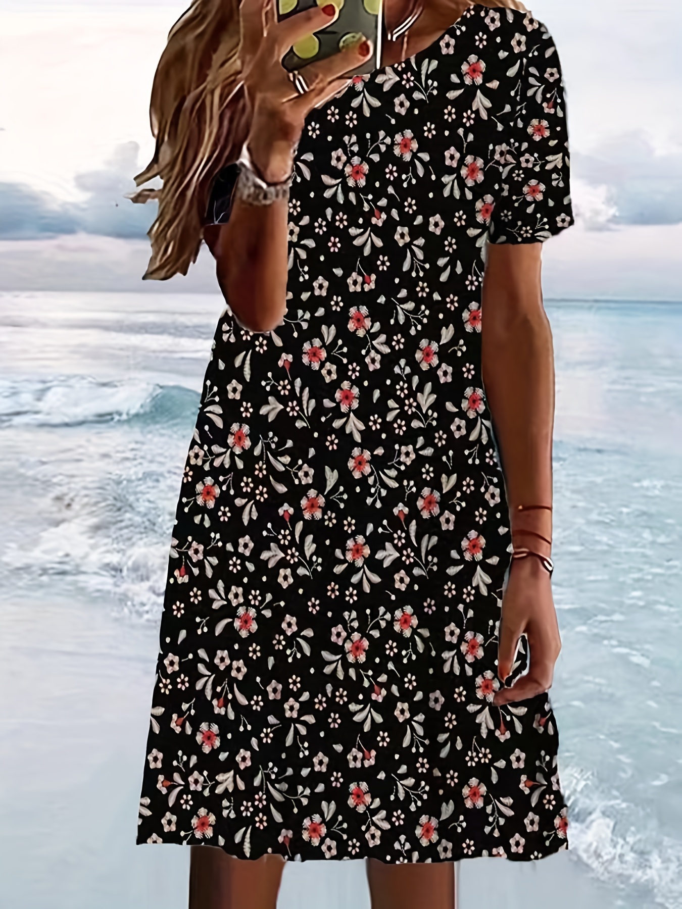 Floral Print Crew Neck Dress Casual Short Sleeve Dress For Spring